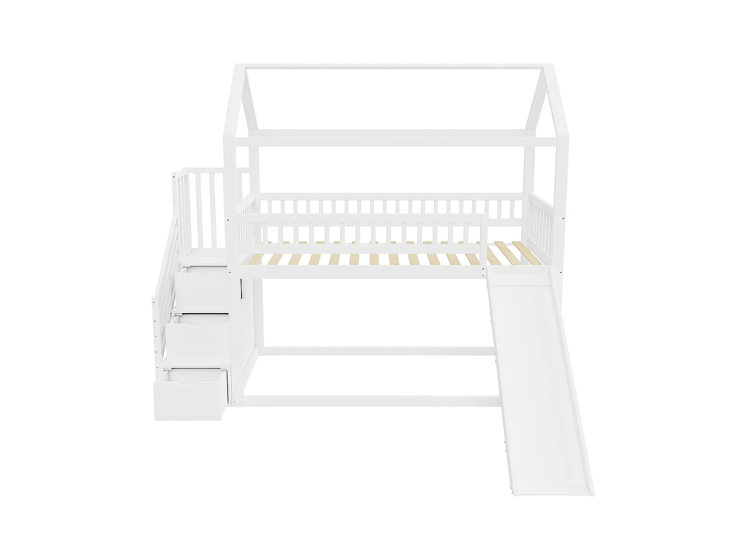 Lit superposé pour enfants 90x200 cm, lit mezzanine avec toboggan et échelle de rangement, haute barrière, cadre en bois massif, blanc