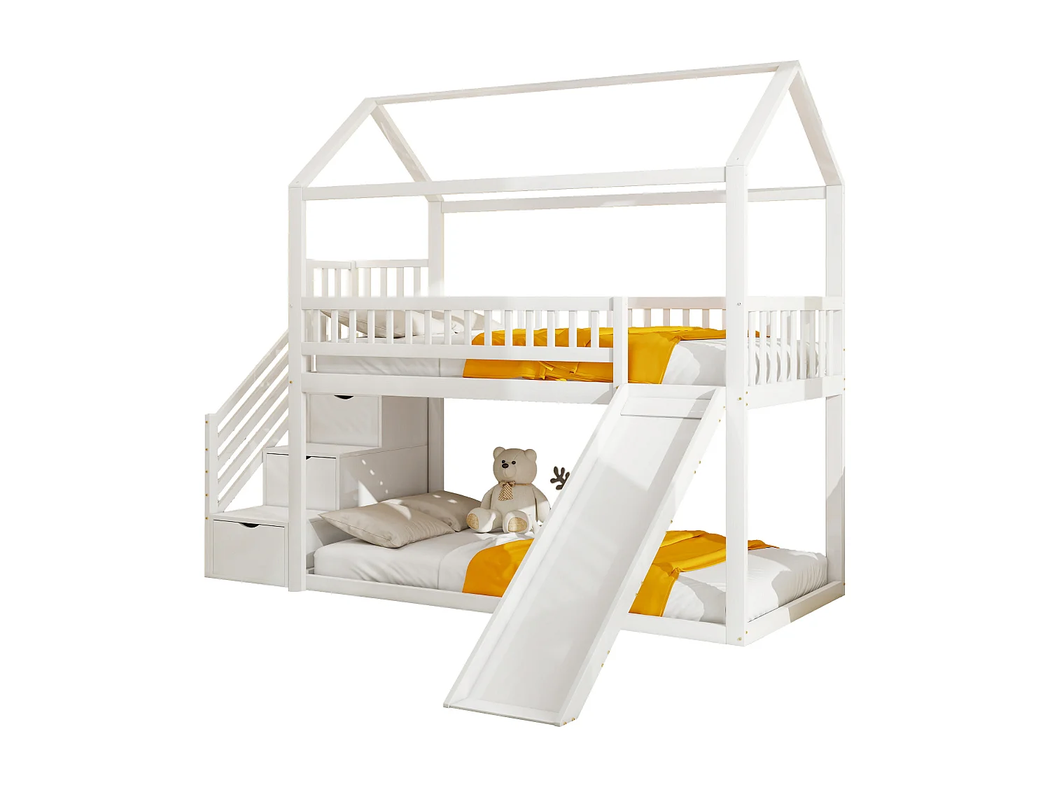 Kinderstapelbed 90x200 cm, hoogslaper met glijbaan en opbergladder, hoge drempel, massief houten frame, wit