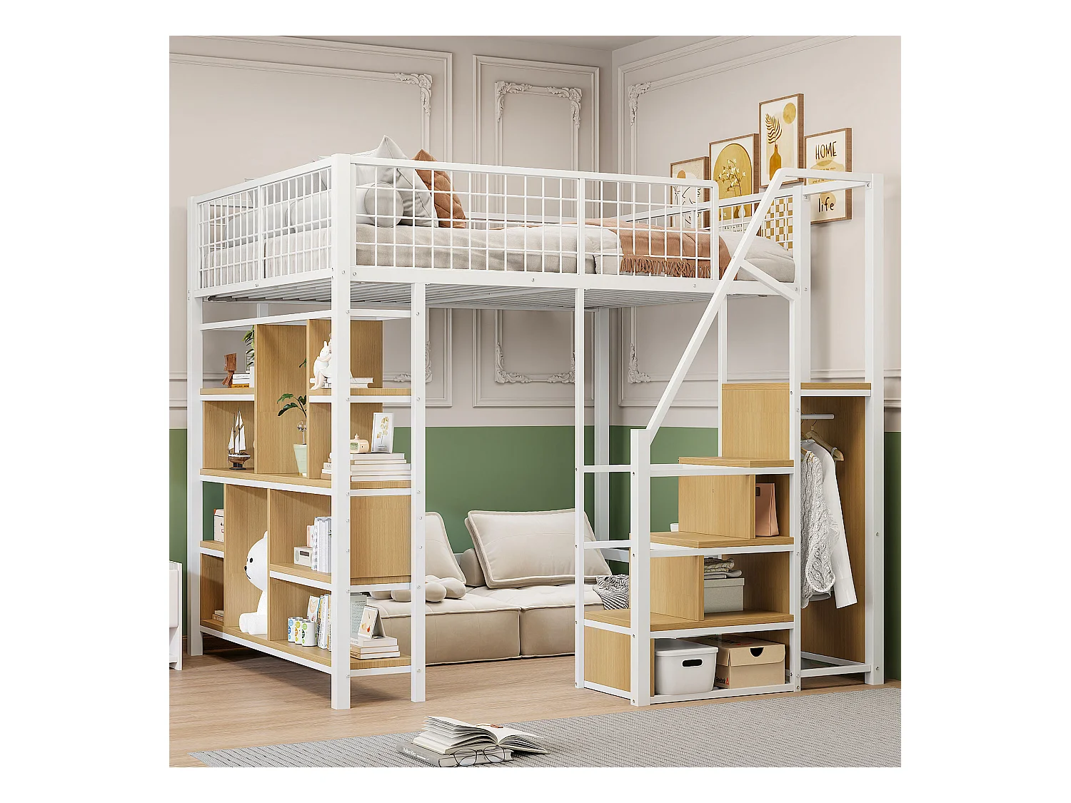 Lit mezzanine multifonction 140x200 cm en métal blanc avec rangements, étagères, échelle, adapté enfants et adultes, robuste et moderne