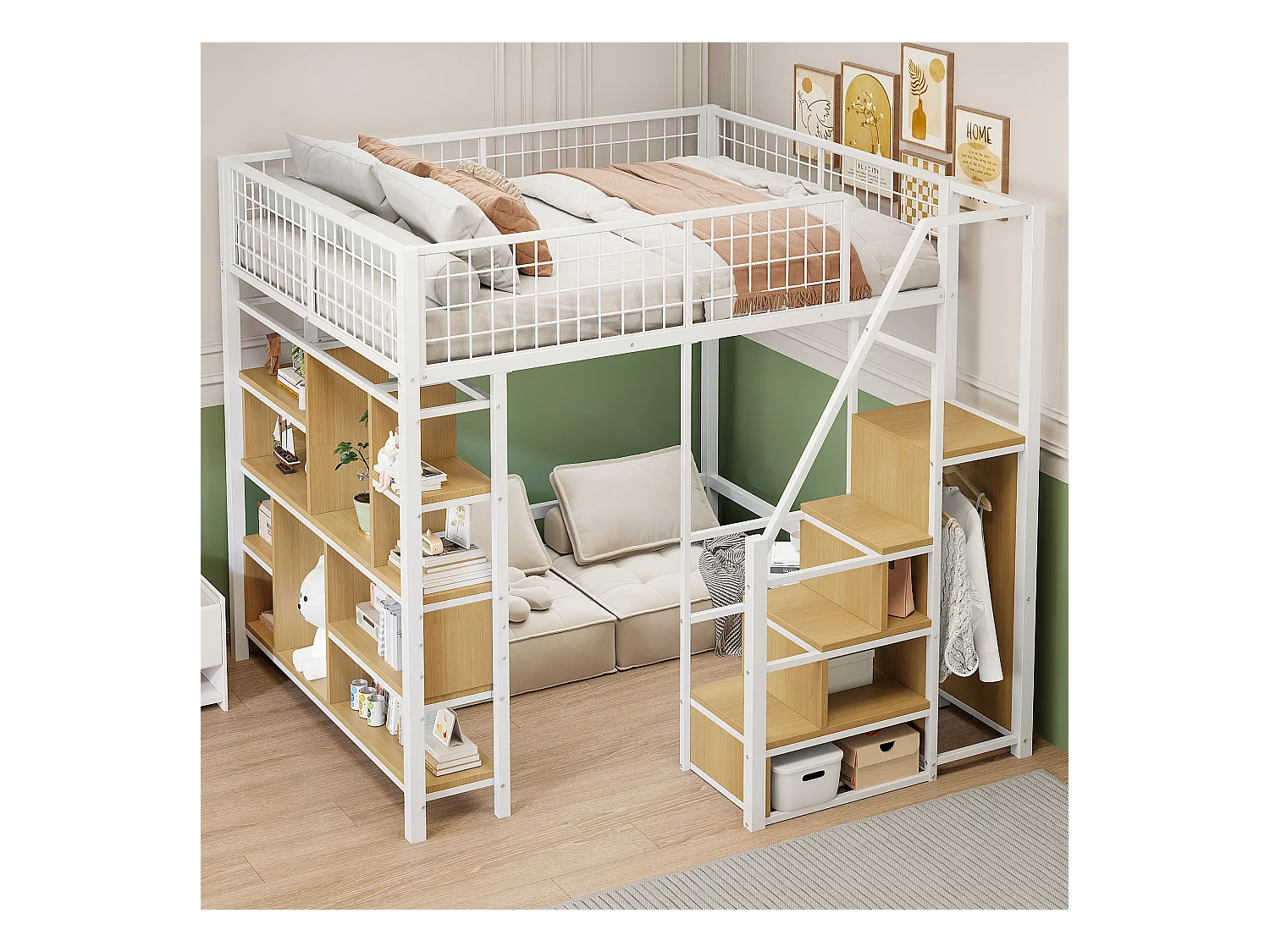 Lit mezzanine multifonction 140x200 cm en métal blanc avec rangements, étagères, échelle, adapté enfants et adultes, robuste et moderne