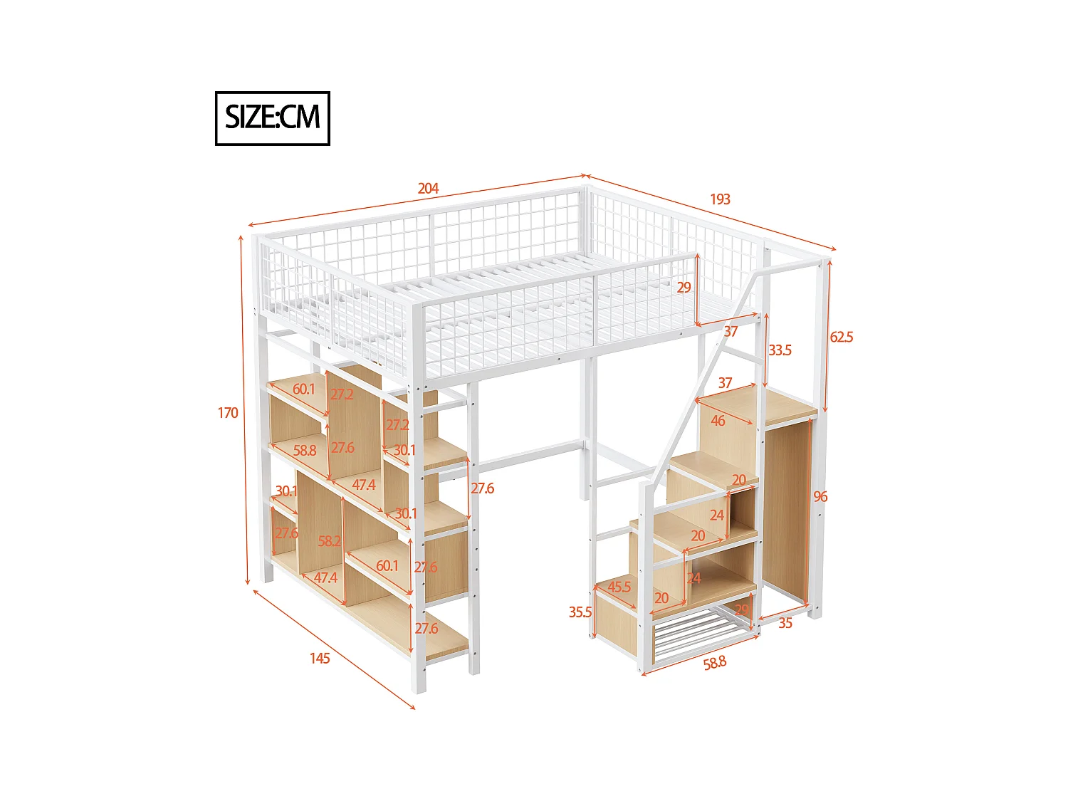 Lit mezzanine multifonction 140x200 cm en métal blanc avec rangements, étagères, échelle, adapté enfants et adultes, robuste et moderne