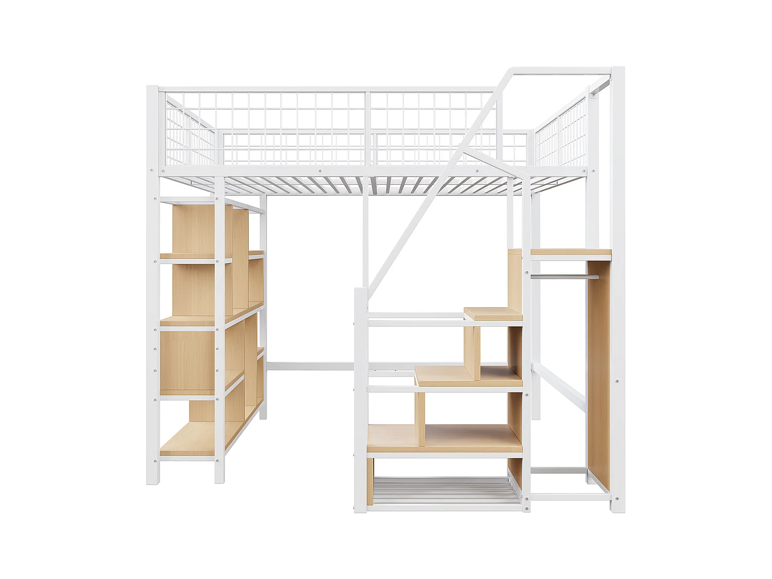 Lit mezzanine multifonction 140x200 cm en métal blanc avec rangements, étagères, échelle, adapté enfants et adultes, robuste et moderne