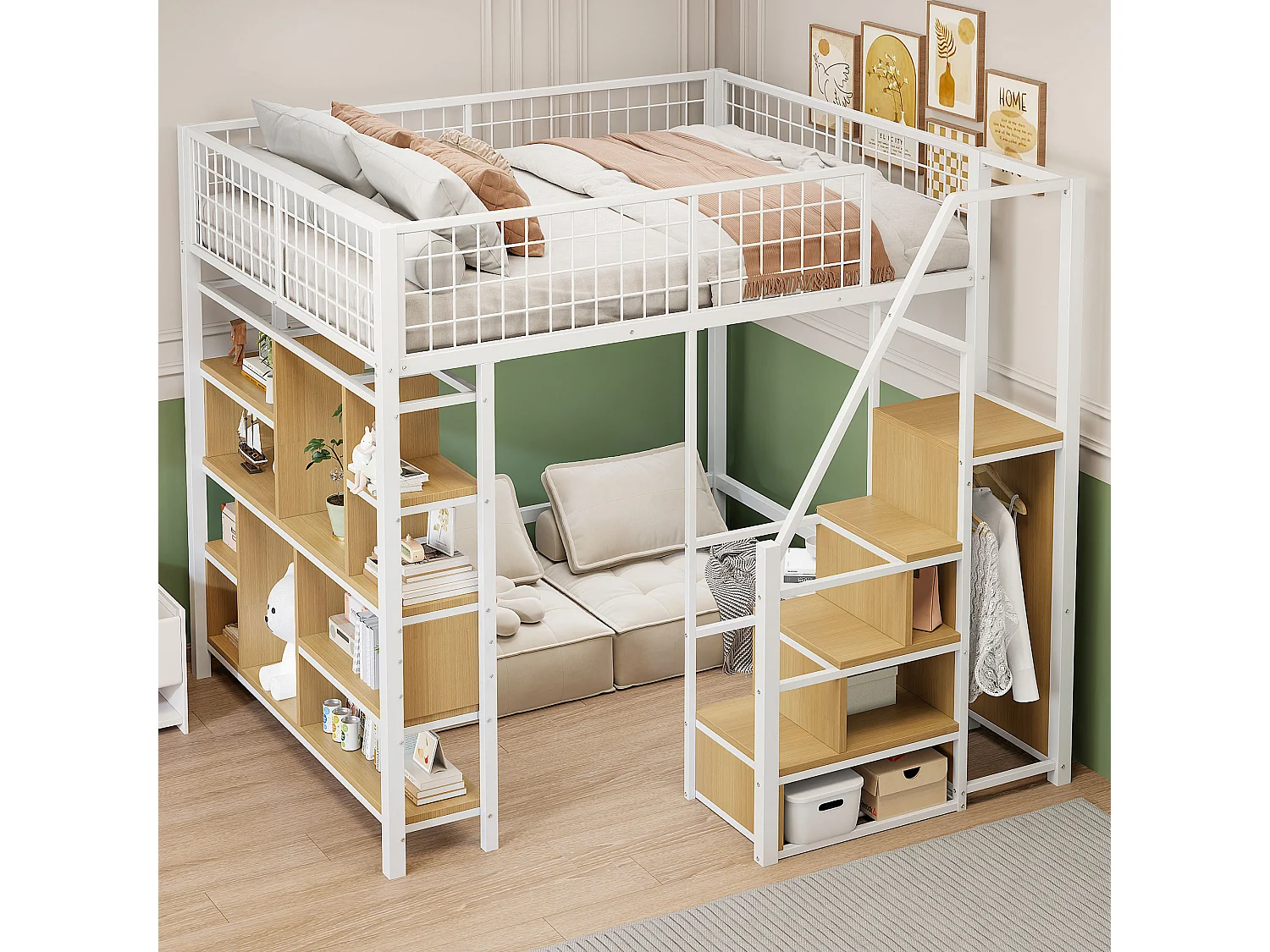 Lit mezzanine multifonction 140x200 cm en métal blanc avec rangements, étagères, échelle, adapté enfants et adultes, robuste et moderne