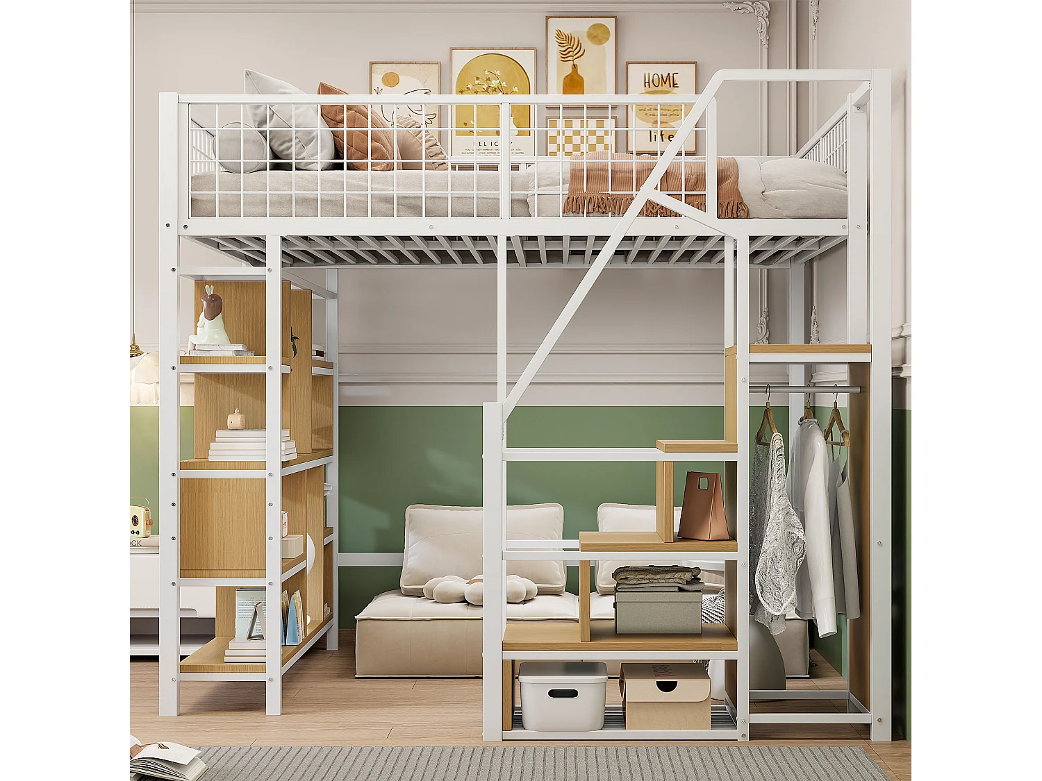 Lit mezzanine multifonction 140x200 cm en métal blanc avec rangements, étagères, échelle, adapté enfants et adultes, robuste et moderne