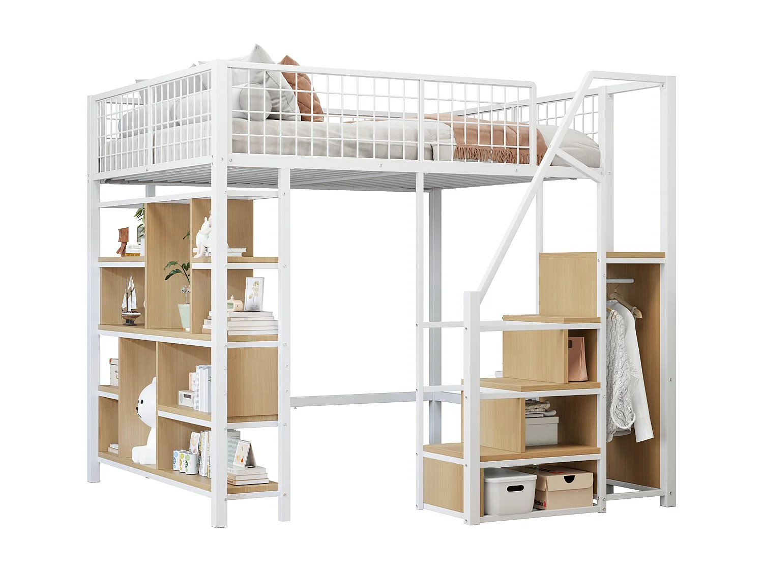Lit mezzanine multifonction 140x200 cm en métal blanc avec rangements, étagères, échelle, adapté enfants et adultes, robuste et moderne