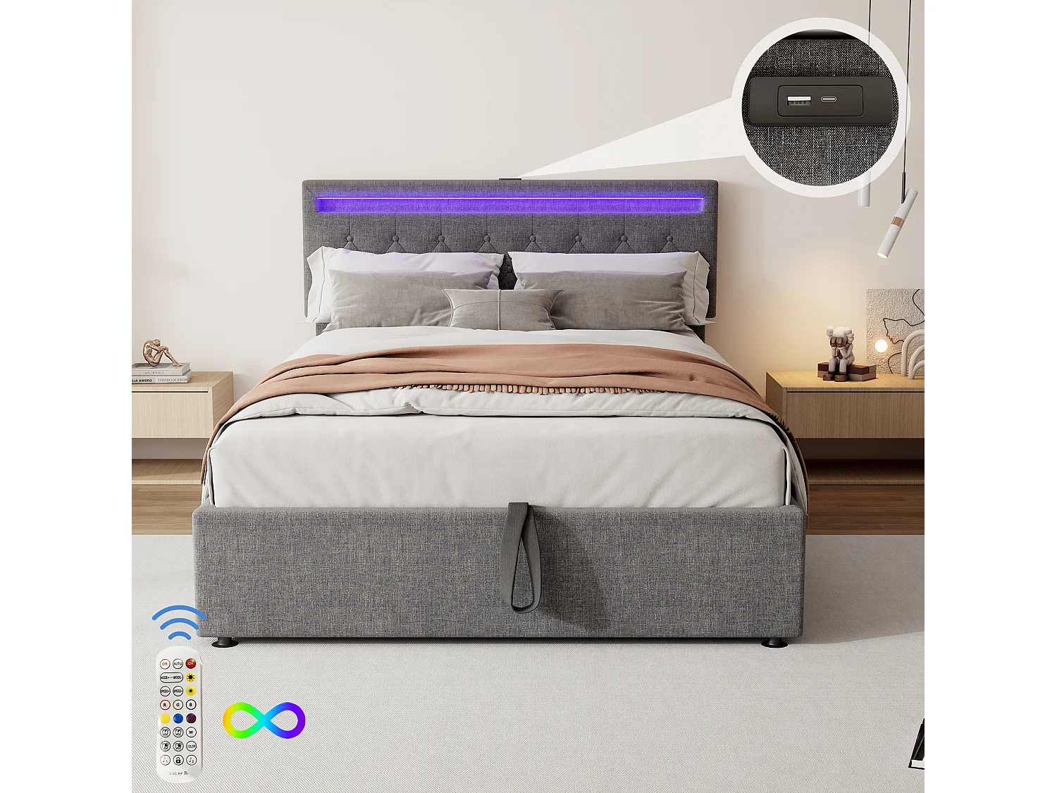 Lit plat 140x200 cm avec éclairage ambiant, télécommande 24 touches, lit réglable en hauteur, prises USB et Type-C, grand espace de rangement, gris