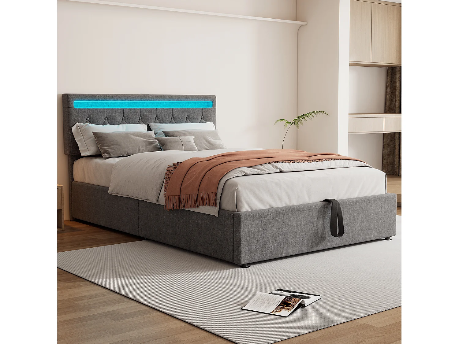Lit plat 140x200 cm avec éclairage ambiant, télécommande 24 touches, lit réglable en hauteur, prises USB et Type-C, grand espace de rangement, gris