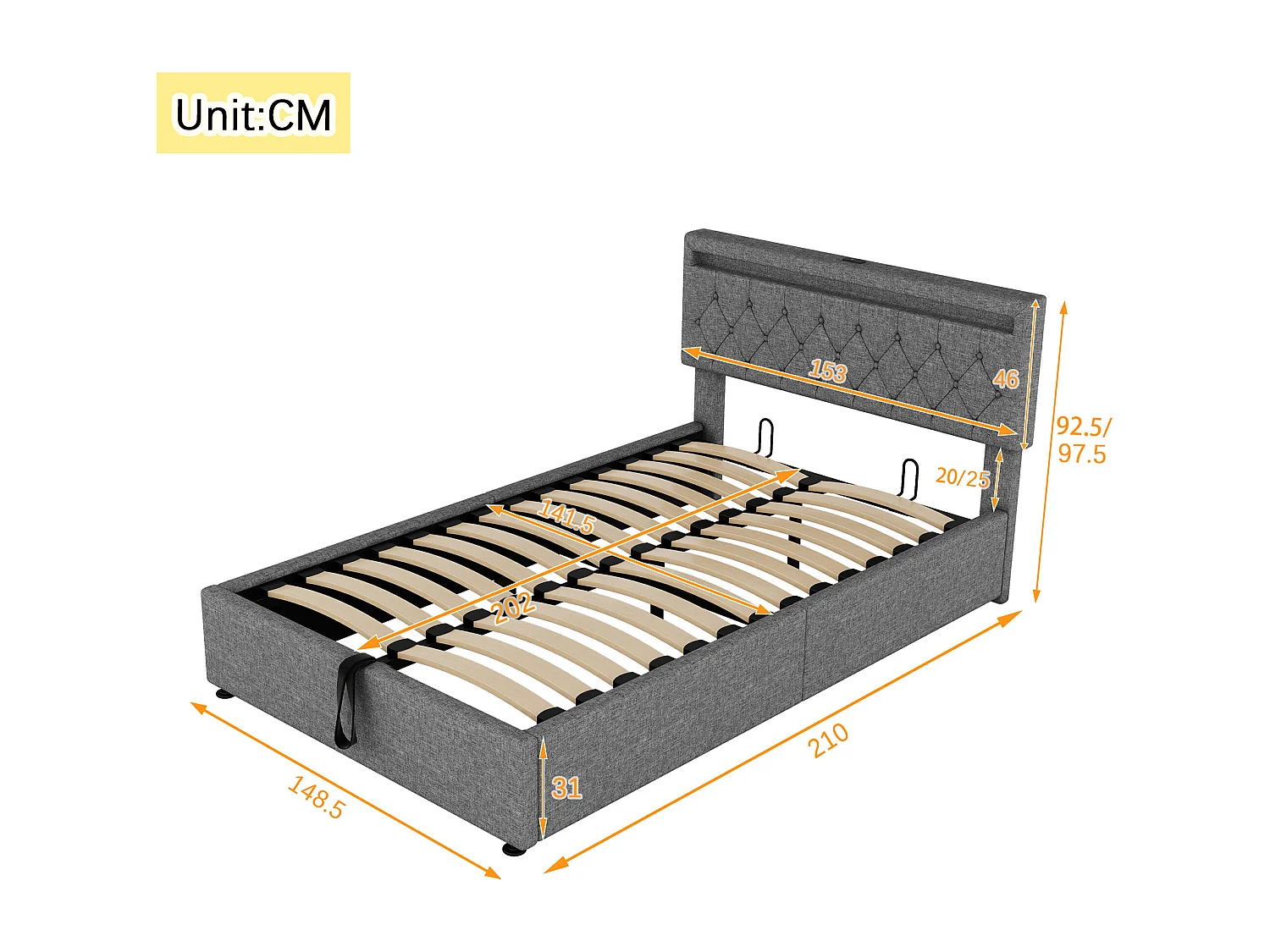 Lit plat 140x200 cm avec éclairage ambiant, télécommande 24 touches, lit réglable en hauteur, prises USB et Type-C, grand espace de rangement, gris