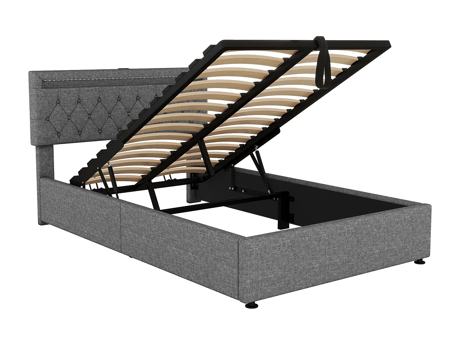 Lit plat 140x200 cm avec éclairage ambiant, télécommande 24 touches, lit réglable en hauteur, prises USB et Type-C, grand espace de rangement, gris