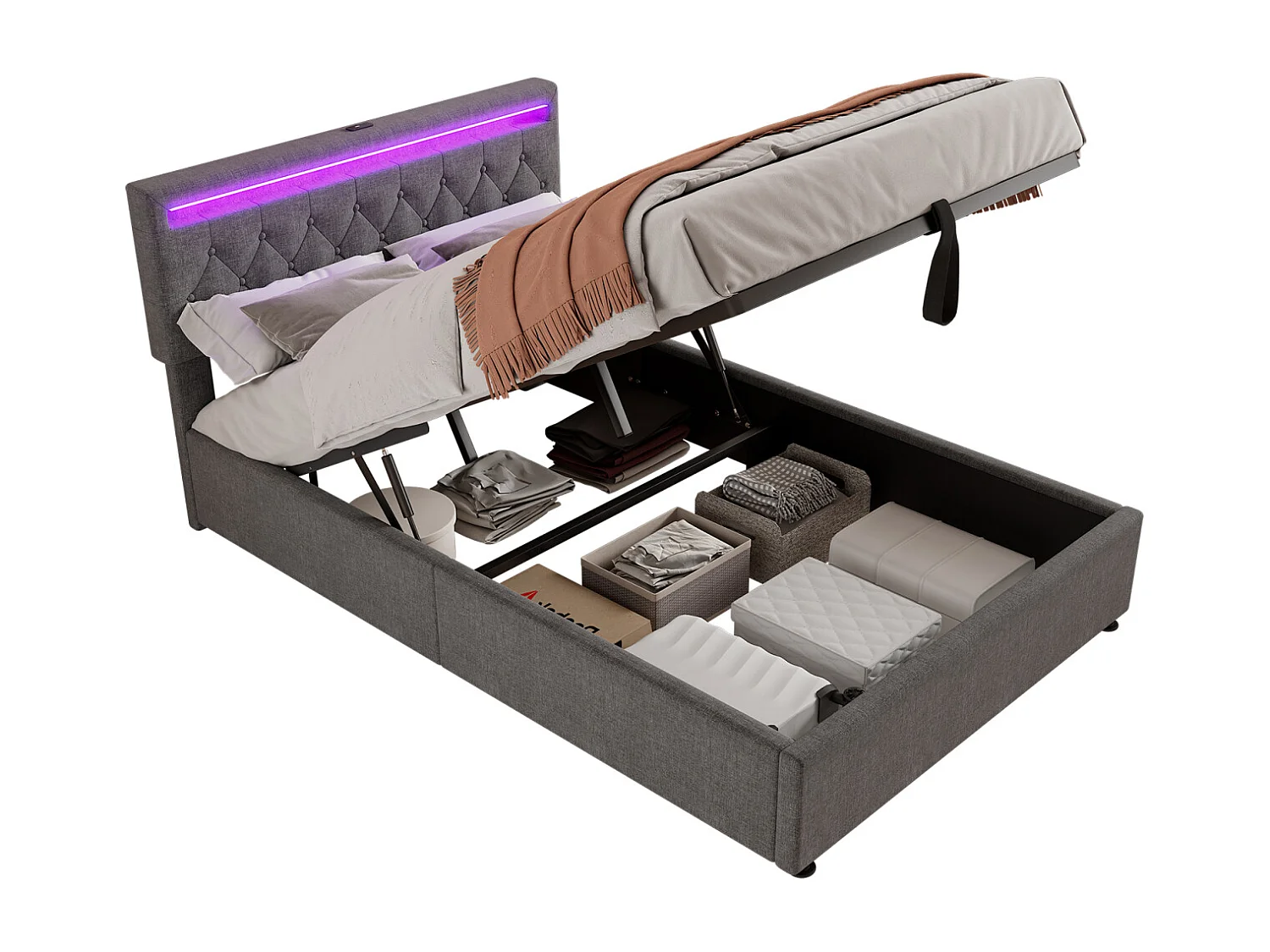 Lit plat 140x200 cm avec éclairage ambiant, télécommande 24 touches, lit réglable en hauteur, prises USB et Type-C, grand espace de rangement, gris