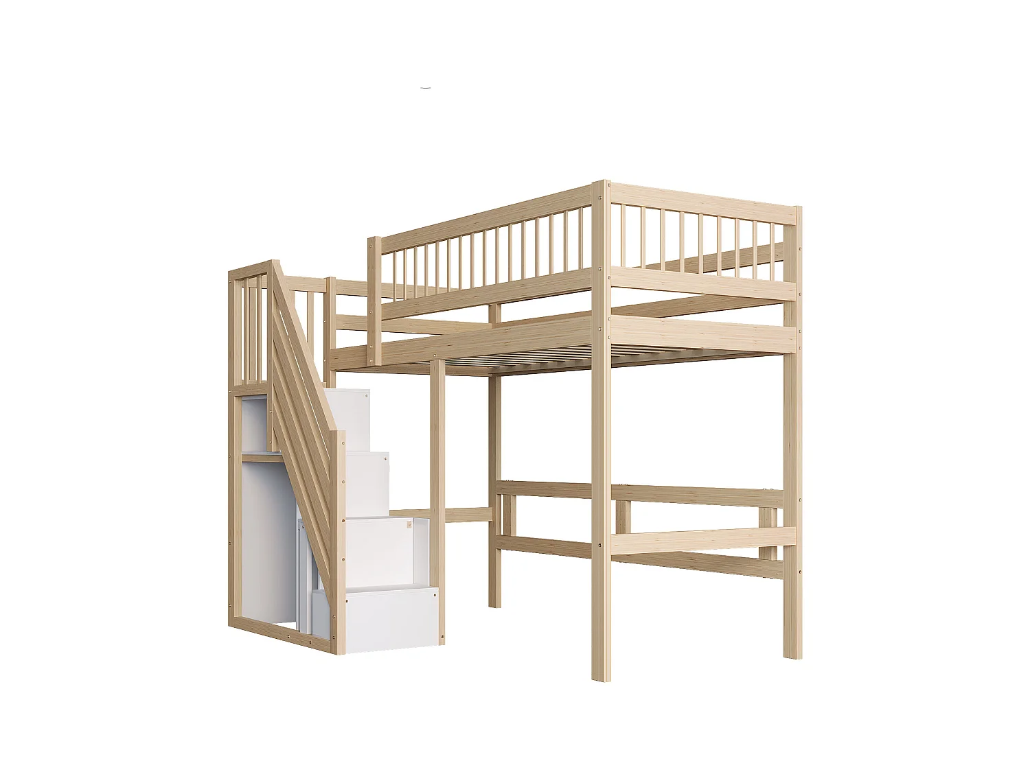 Lit massif 90x200 cm, avec escalier et armoire de rangement, lit enfant, lit junior, lit simple, cadre en bois massif, hauteur élevée