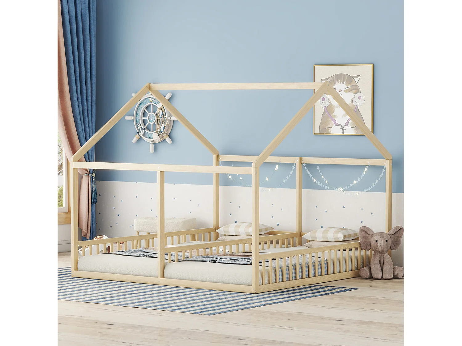 Eenpersoonsbedden 90x200 cm, lage bedden, huismodellen, 2-in-1 bedden, natuurlijke kleur