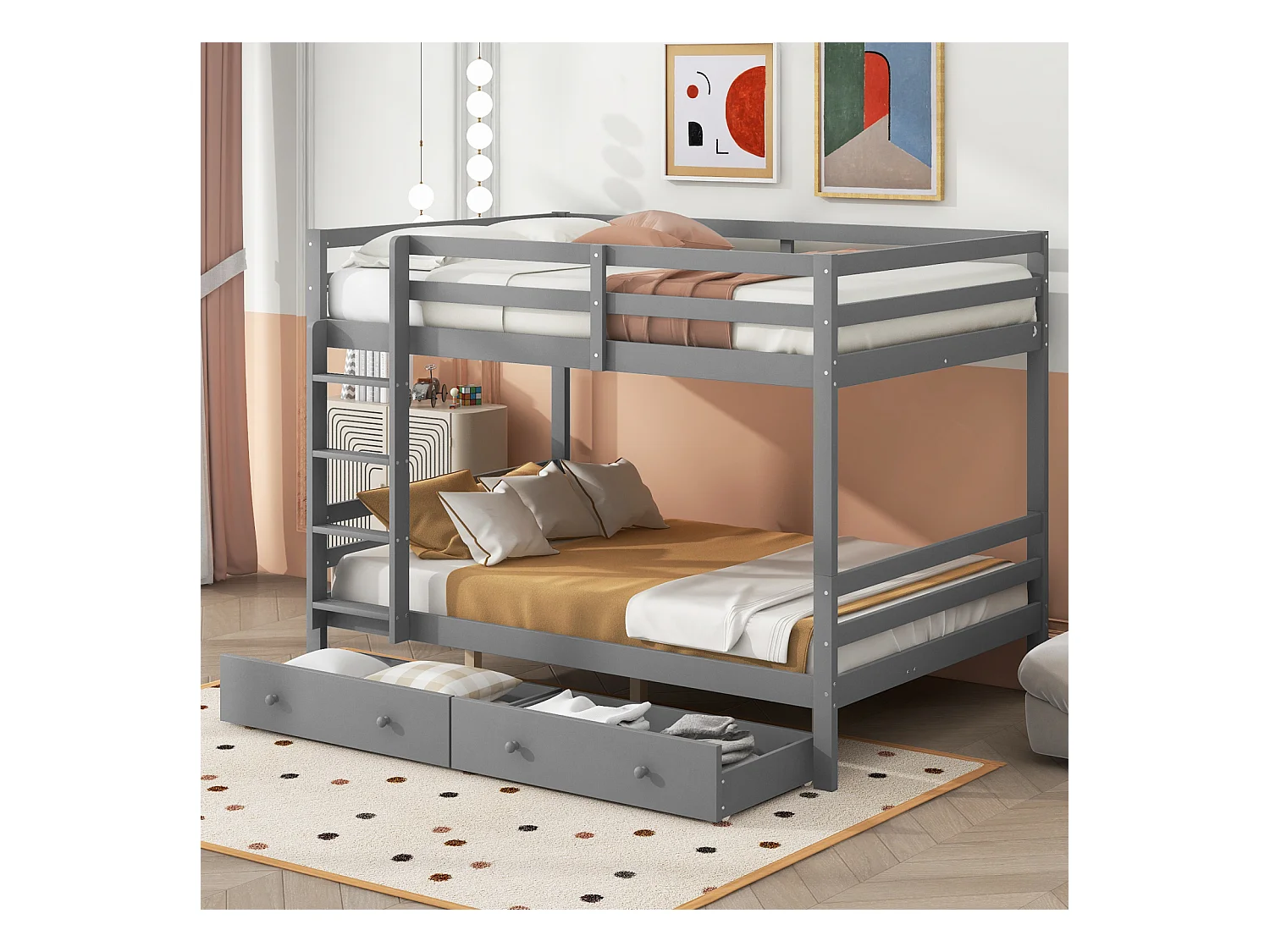 Etagenbett 140x200 cm, mit Schubladen und Stauraum, hohe Sicherheit, graue Farben, perfekt für Kinder und Jugendliche