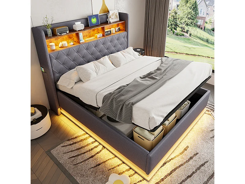 Cama estofada com LED 160x200 cm, cama com armazenamento hidráulico, tomada USB, tecido de linho amigo da pele, cinza