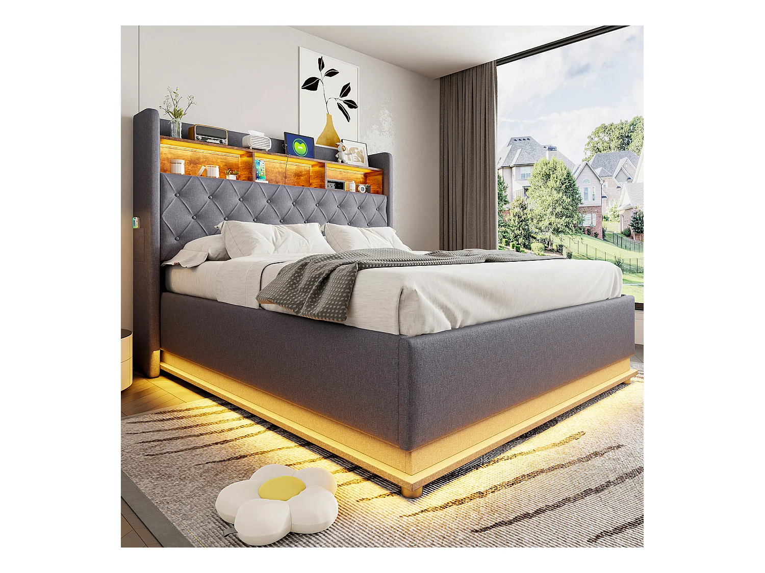 Cama estofada com LED 160x200 cm, cama com armazenamento hidráulico, tomada USB, tecido de linho amigo da pele, cinza