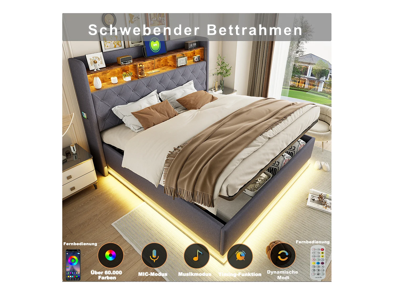 Cama estofada com LED 160x200 cm, cama com armazenamento hidráulico, tomada USB, tecido de linho amigo da pele, cinza