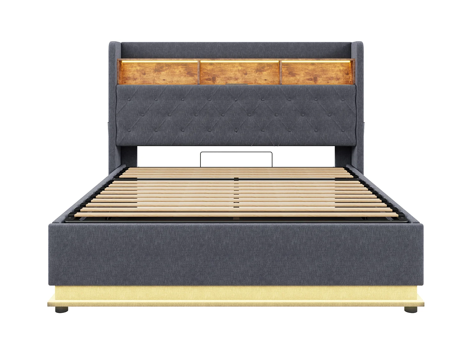 Cama estofada com LED 160x200 cm, cama com armazenamento hidráulico, tomada USB, tecido de linho amigo da pele, cinza