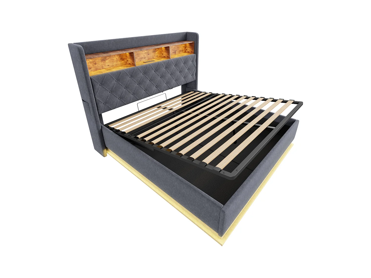 Cama estofada com LED 160x200 cm, cama com armazenamento hidráulico, tomada USB, tecido de linho amigo da pele, cinza