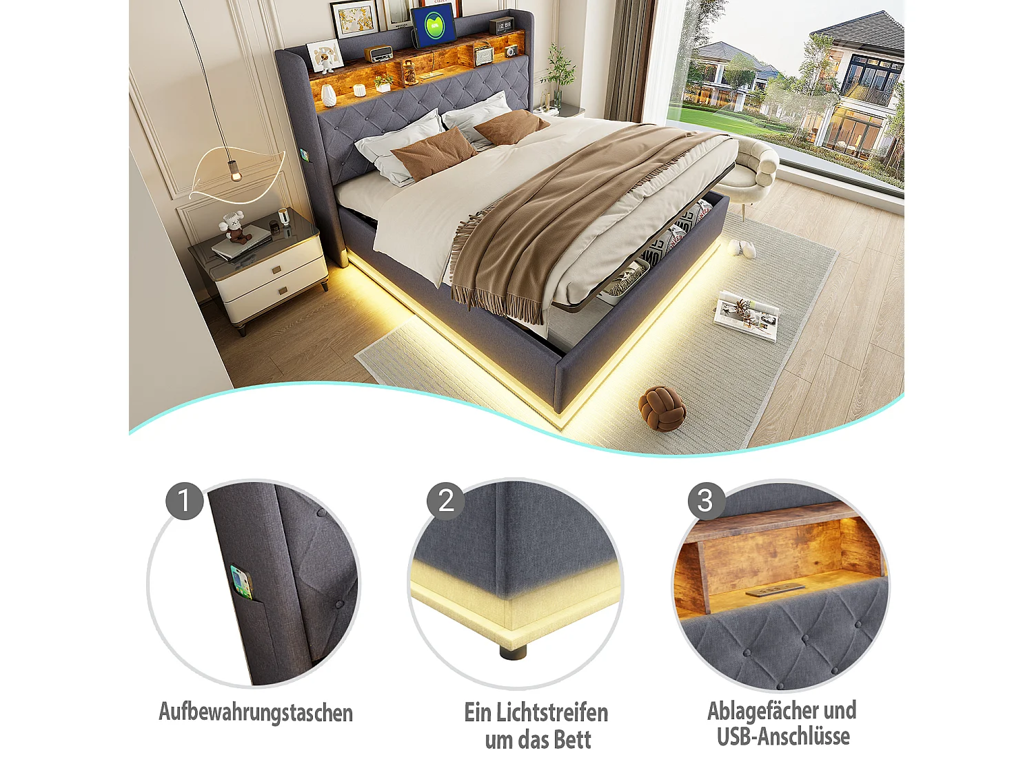 Lit coffre rembourré LED 160x200 cm, lit avec rangement hydraulique, prise USB, tissu lin doux pour la peau, gris