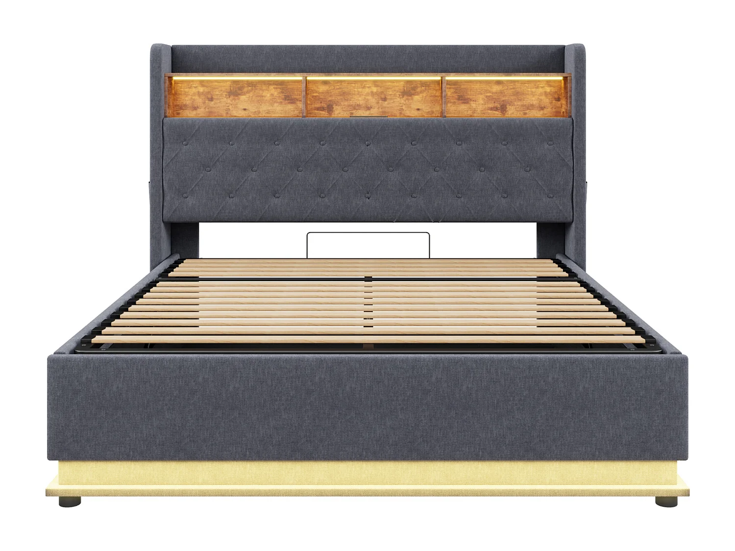 Lit coffre rembourré LED 160x200 cm, lit avec rangement hydraulique, prise USB, tissu lin doux pour la peau, gris