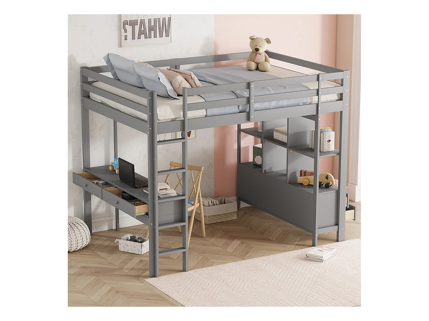 Lit mezzanine enfant 140x200 cm avec tiroirs de rangement et bureau intégré sous lit, sans matelas, gris, cadre massif fonctionnel et sécurisé