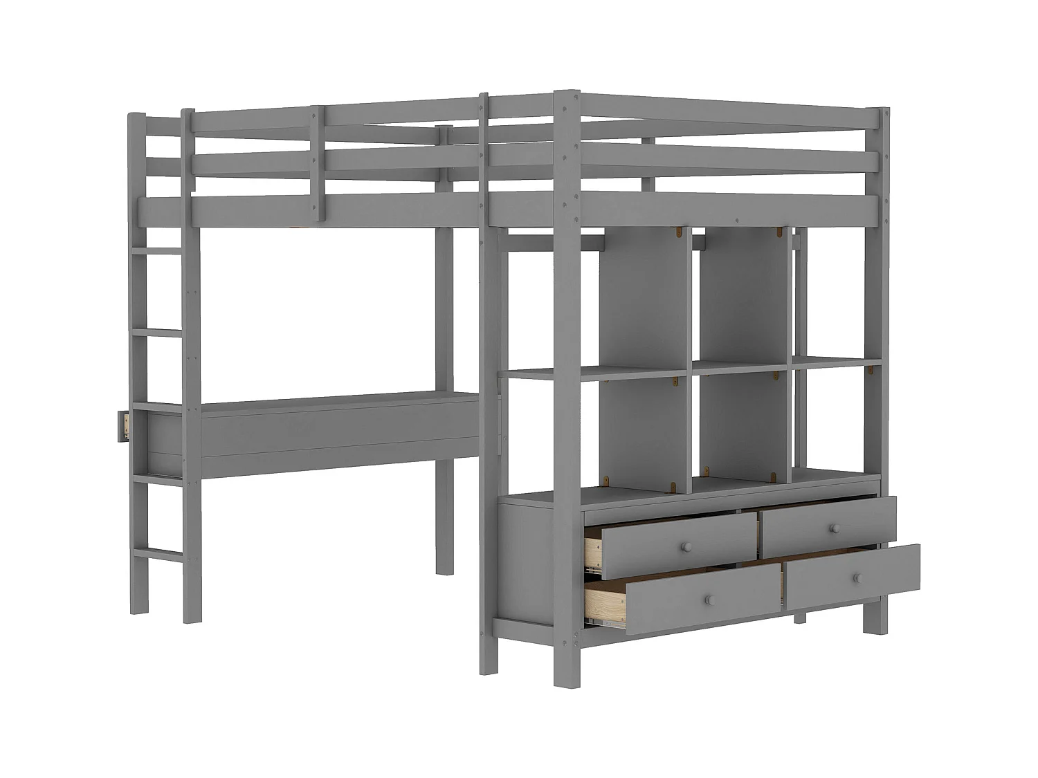 Lit mezzanine enfant 140x200 cm avec tiroirs de rangement et bureau intégré sous lit, sans matelas, gris, cadre massif fonctionnel et sécurisé