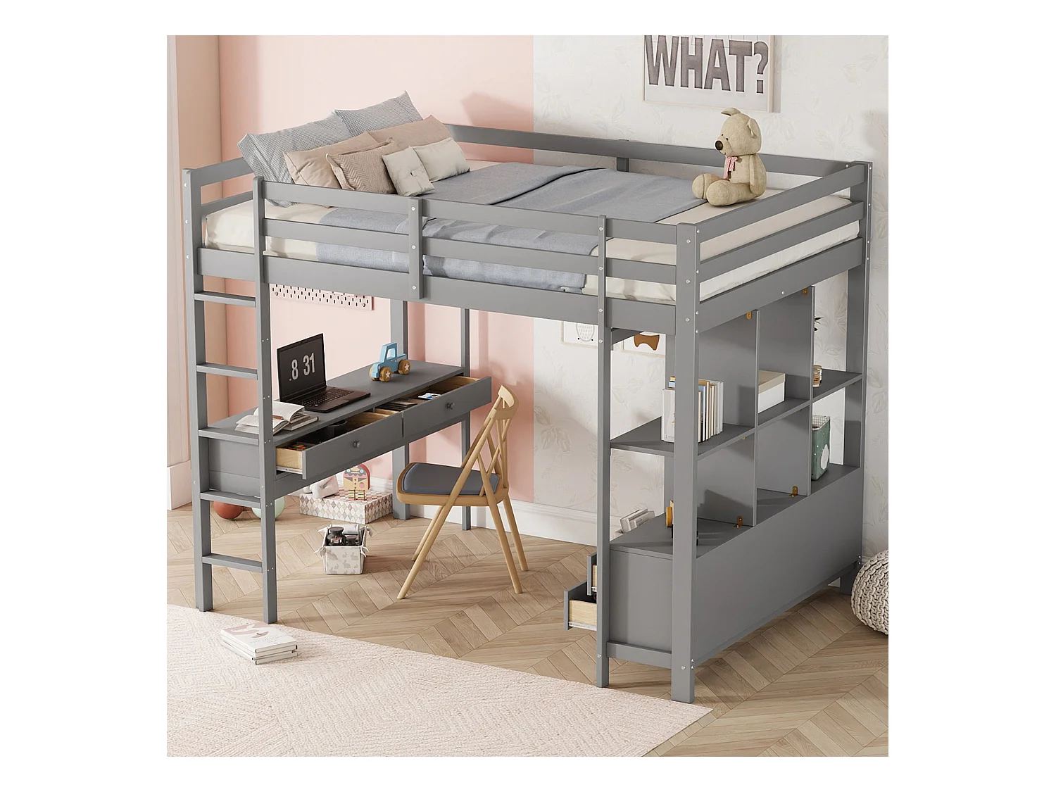 Lit mezzanine enfant 140x200 cm avec tiroirs de rangement et bureau intégré sous lit, sans matelas, gris, cadre massif fonctionnel et sécurisé