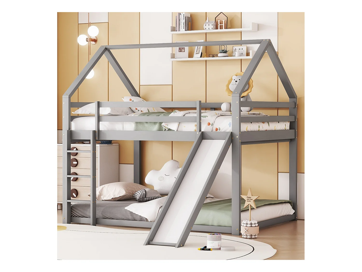 Letto matrimoniale a casetta per bambini, letto a castello con scivolo e scaletta, letto alto per cameretta, grigio.