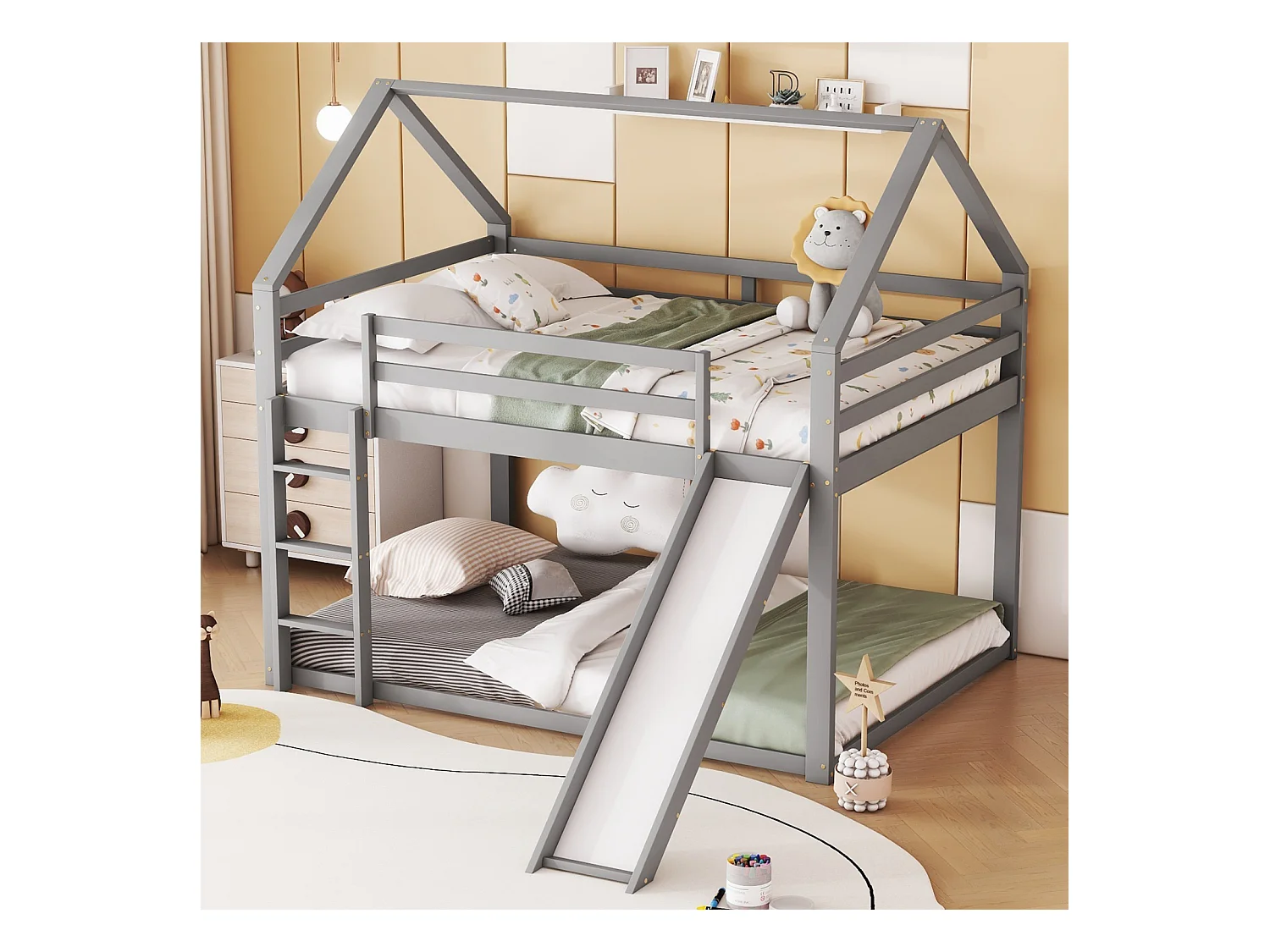 Letto matrimoniale a casetta per bambini, letto a castello con scivolo e scaletta, letto alto per cameretta, grigio.
