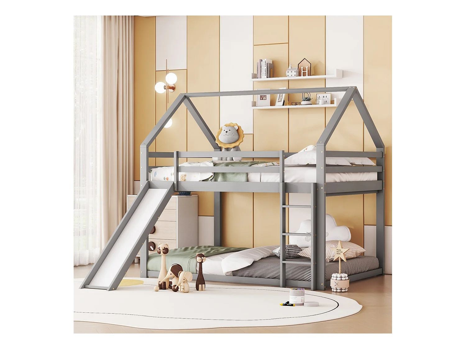 Letto matrimoniale a casetta per bambini, letto a castello con scivolo e scaletta, letto alto per cameretta, grigio.