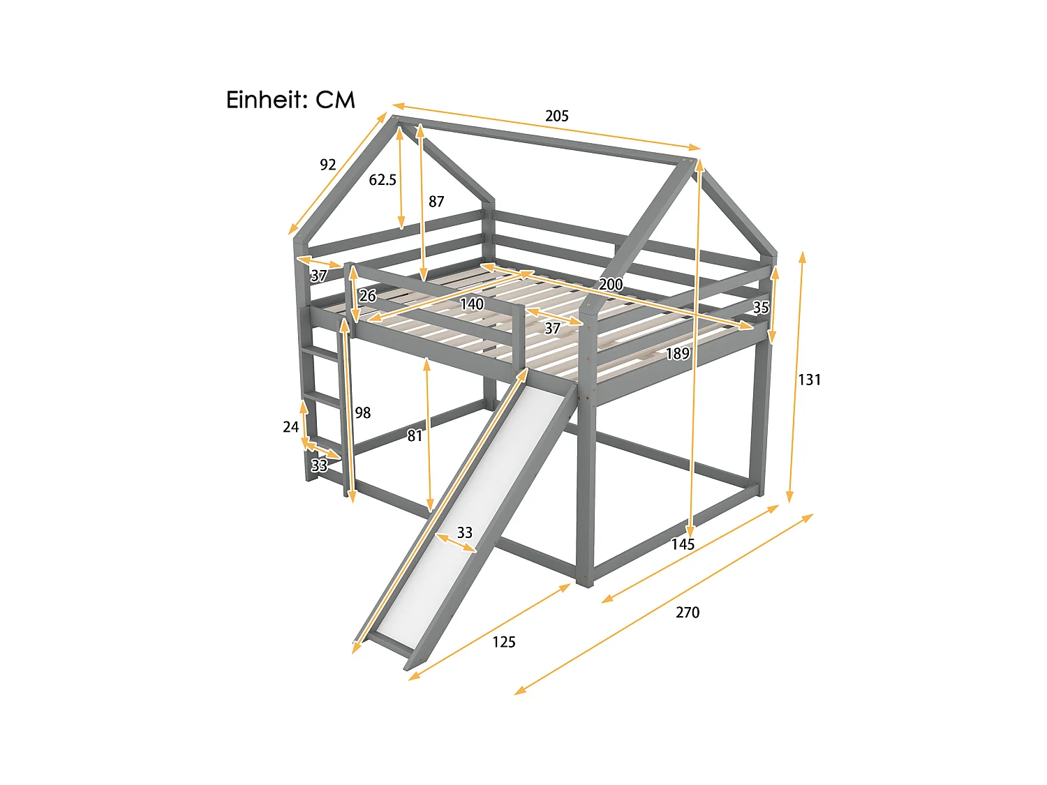 Letto matrimoniale a casetta per bambini, letto a castello con scivolo e scaletta, letto alto per cameretta, grigio.