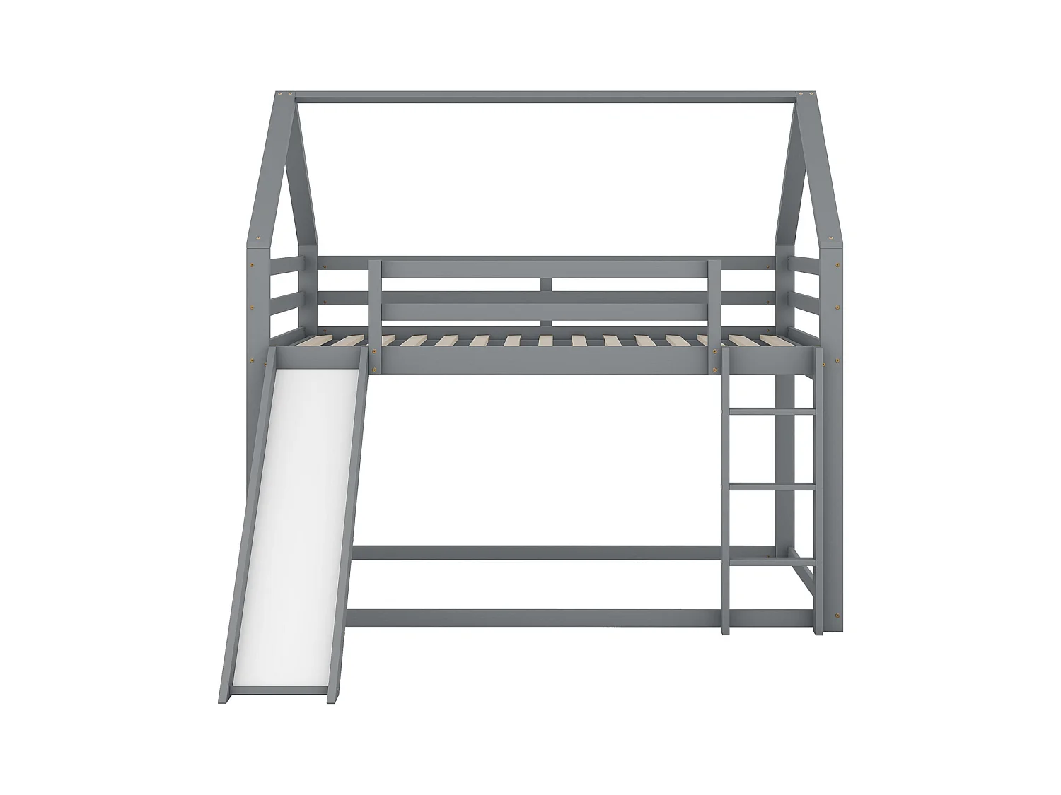 Letto matrimoniale a casetta per bambini, letto a castello con scivolo e scaletta, letto alto per cameretta, grigio.