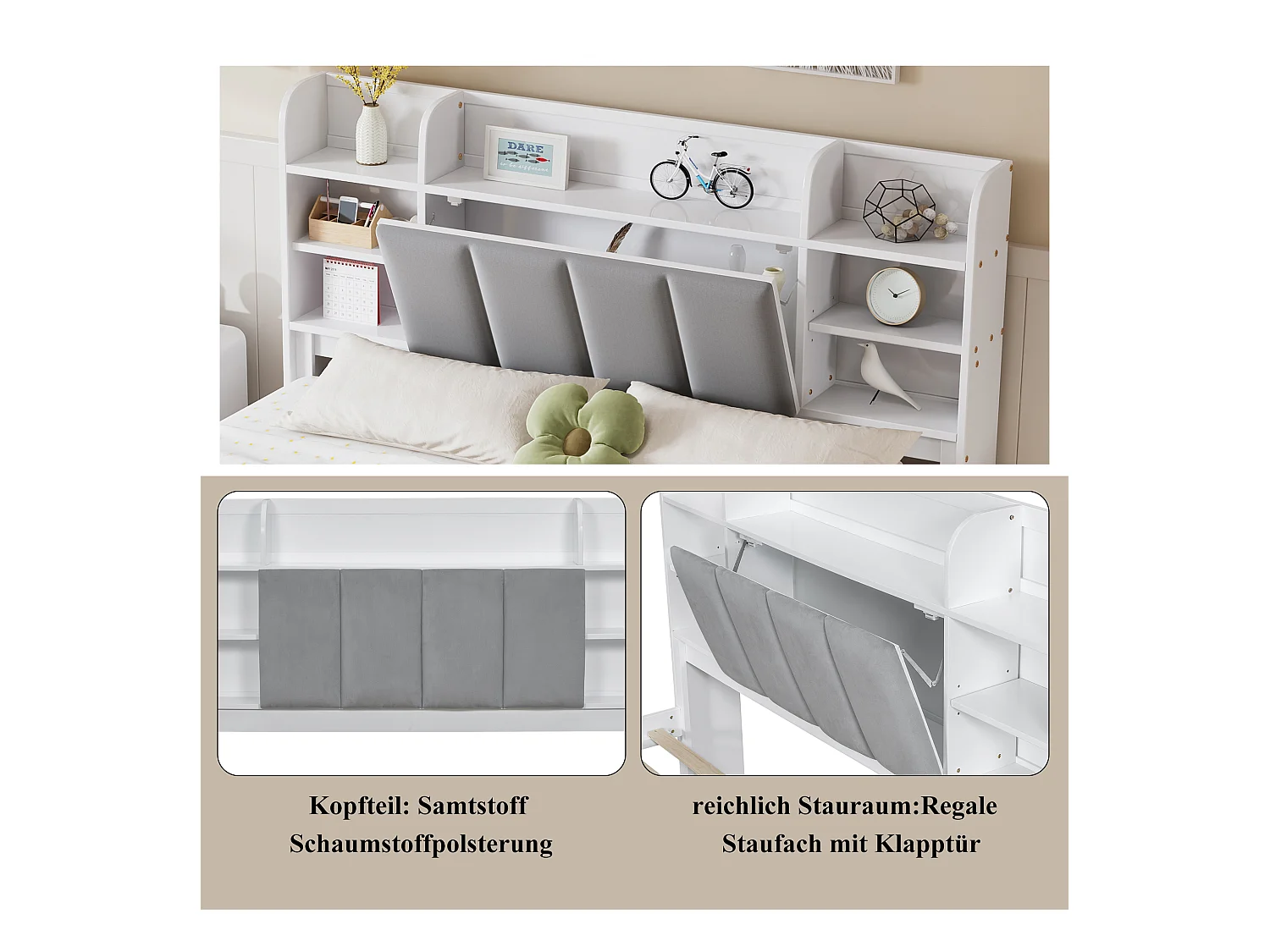 Doppelbett 160x200 cm, mit offenen Regalen, 3 Schubladen auf Rollen, Metallgriffe, Fach mit Flügeltür, weiß/grau