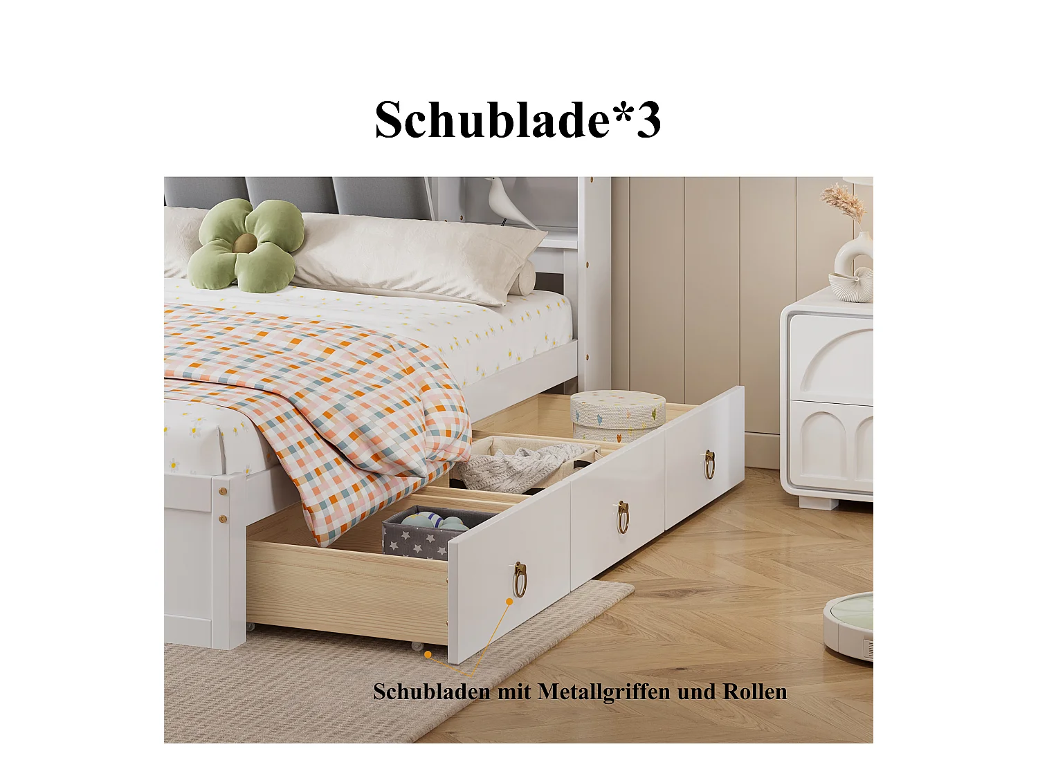 Doppelbett 160x200 cm, mit offenen Regalen, 3 Schubladen auf Rollen, Metallgriffe, Fach mit Flügeltür, weiß/grau