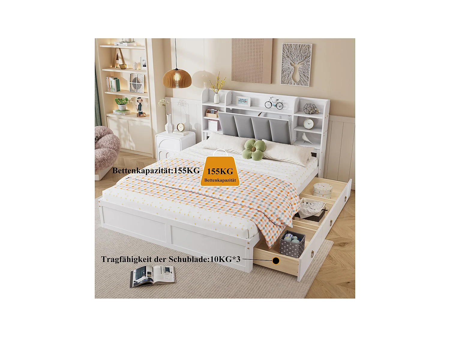 Doppelbett 160x200 cm, mit offenen Regalen, 3 Schubladen auf Rollen, Metallgriffe, Fach mit Flügeltür, weiß/grau