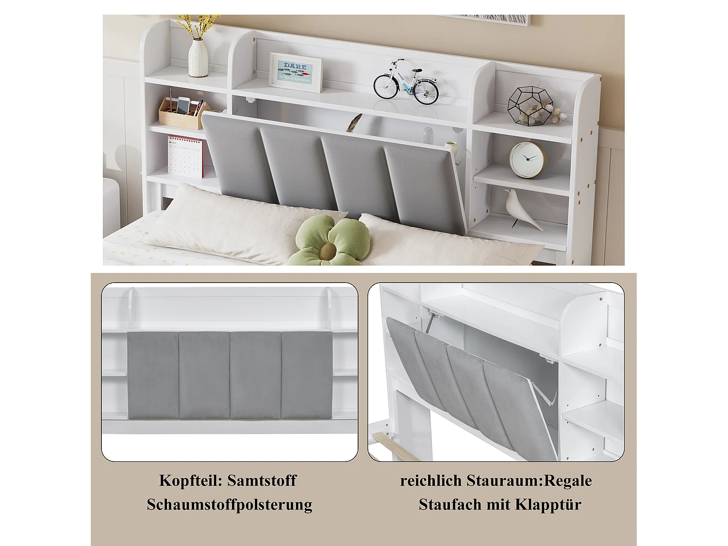 Tweepersoonsbed 160x200 cm, met open planken, 3 lades op wielen, metalen handgrepen, opbergvak met scharnierende deur, wit/grijs