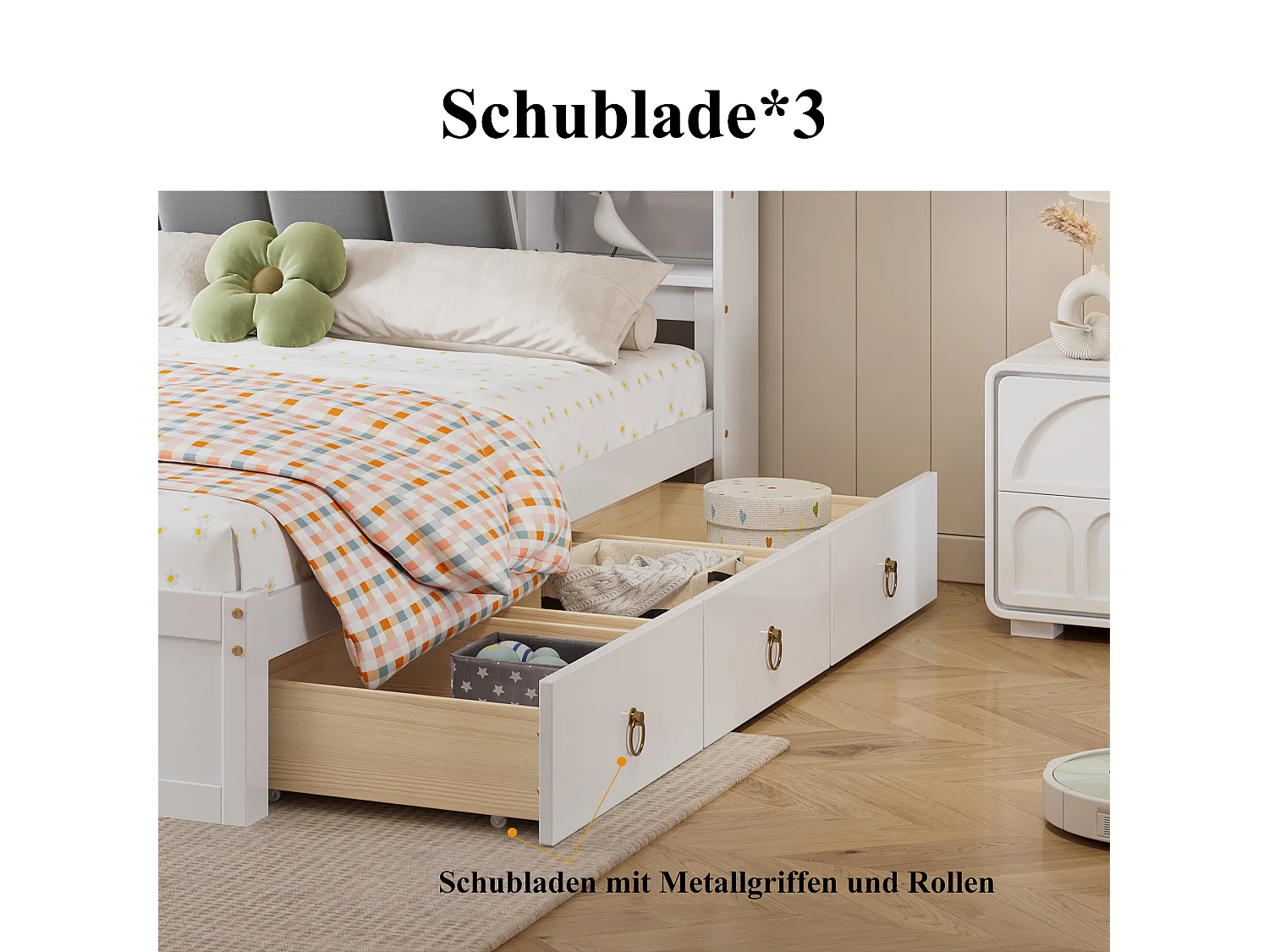 Tweepersoonsbed 160x200 cm, met open planken, 3 lades op wielen, metalen handgrepen, opbergvak met scharnierende deur, wit/grijs