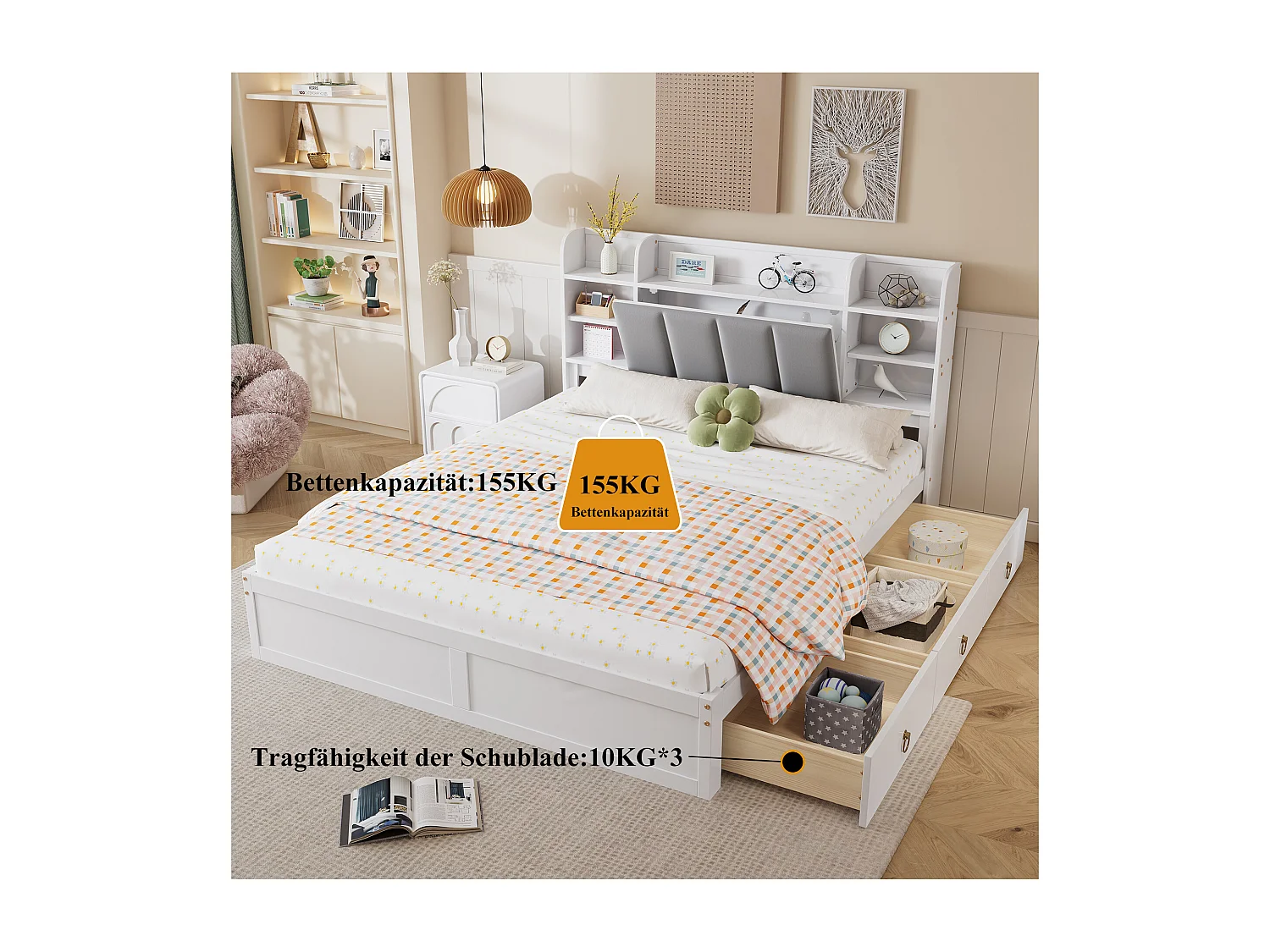 Tweepersoonsbed 160x200 cm, met open planken, 3 lades op wielen, metalen handgrepen, opbergvak met scharnierende deur, wit/grijs