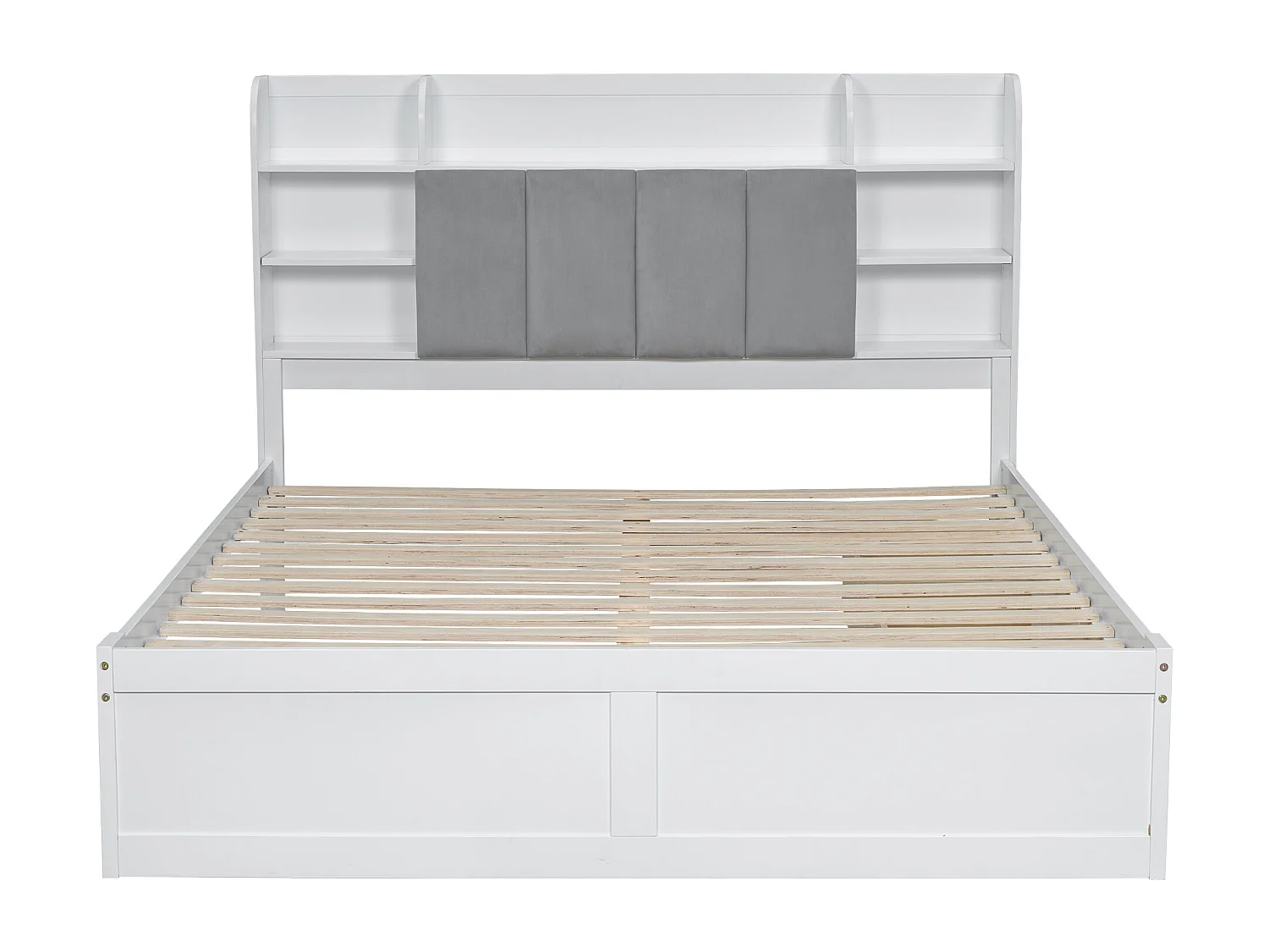 Tweepersoonsbed 160x200 cm, met open planken, 3 lades op wielen, metalen handgrepen, opbergvak met scharnierende deur, wit/grijs