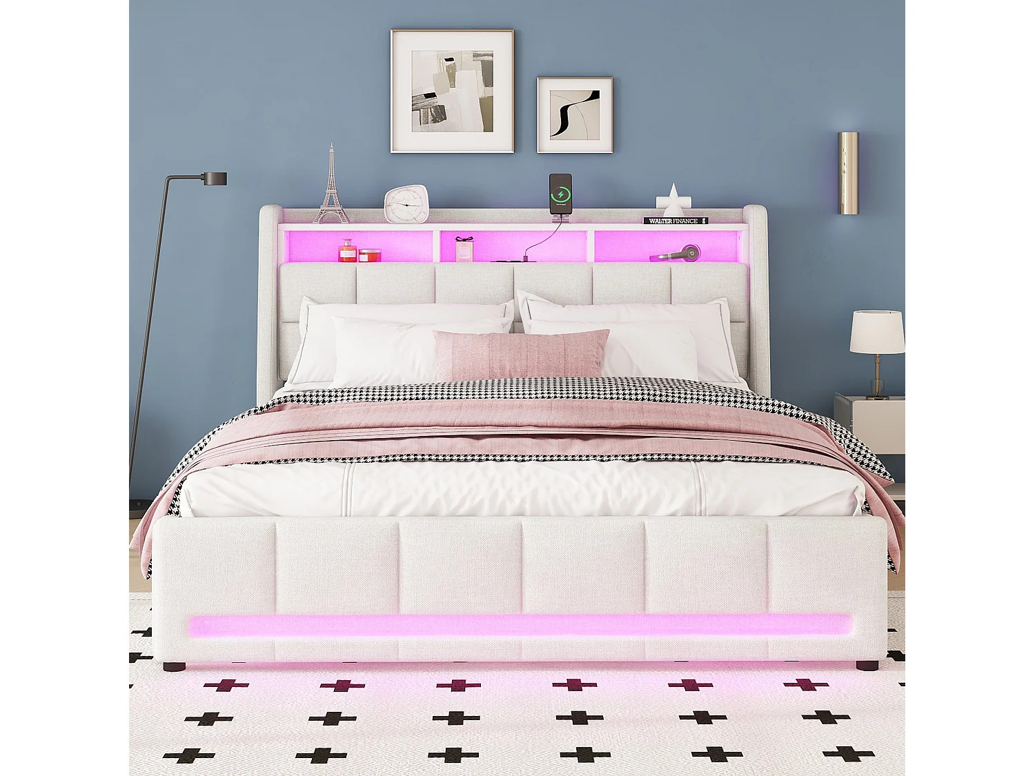 Lit rembourré 140x200 cm avec éclairage LED contrôlé par télécommande APP, tiroirs, prises électriques et USB intégrées, rangement, tissu lin beige