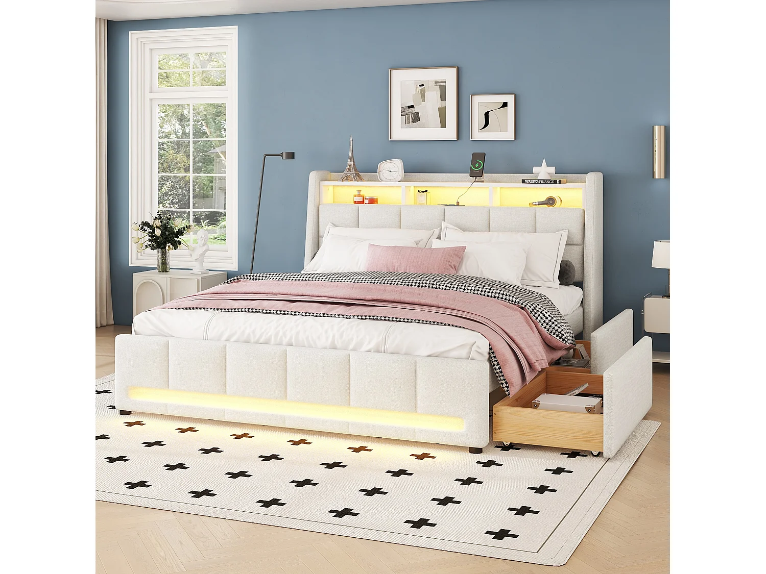 Lit rembourré 140x200 cm avec éclairage LED contrôlé par télécommande APP, tiroirs, prises électriques et USB intégrées, rangement, tissu lin beige