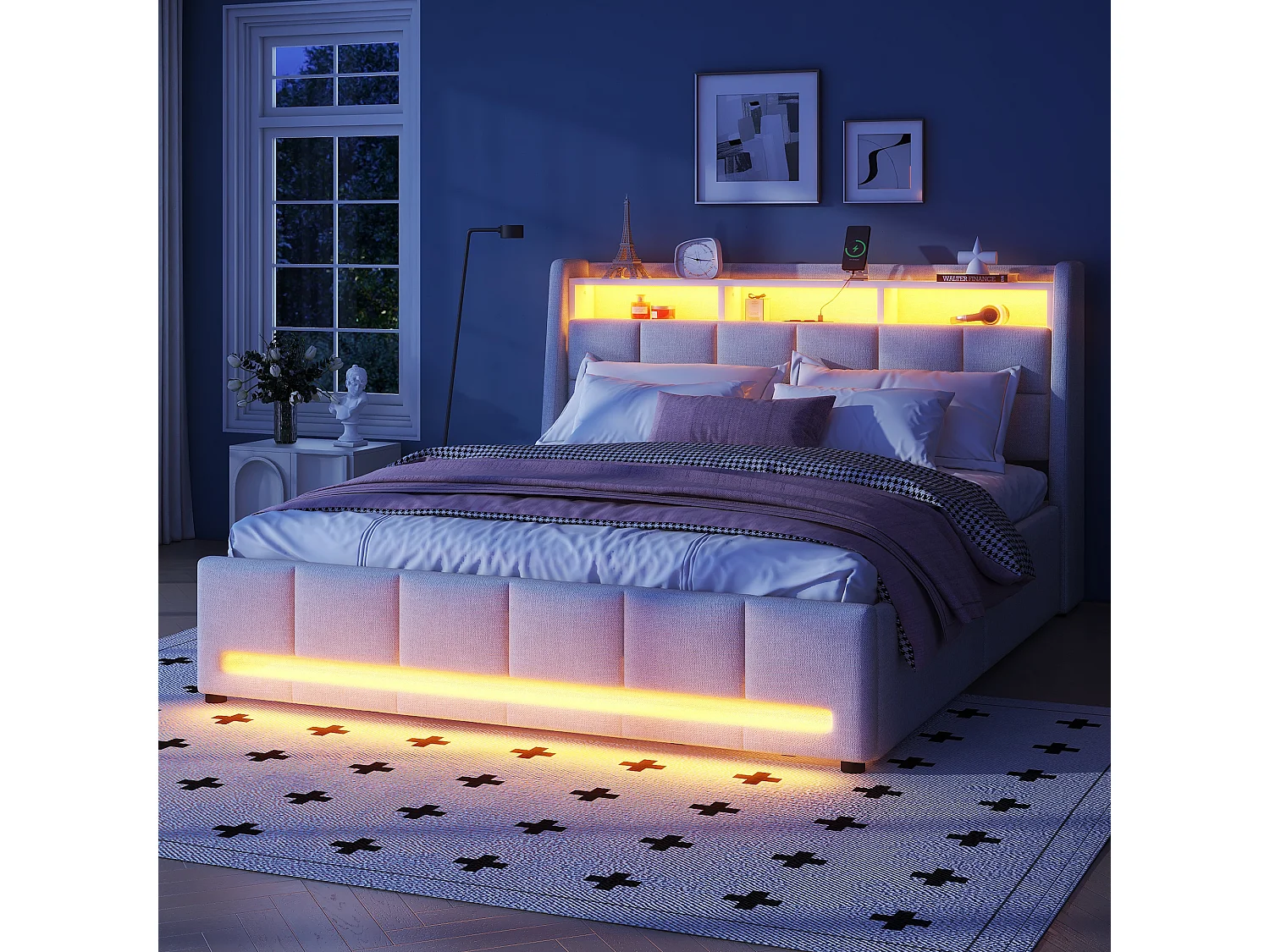 Lit rembourré 140x200 cm avec éclairage LED contrôlé par télécommande APP, tiroirs, prises électriques et USB intégrées, rangement, tissu lin beige