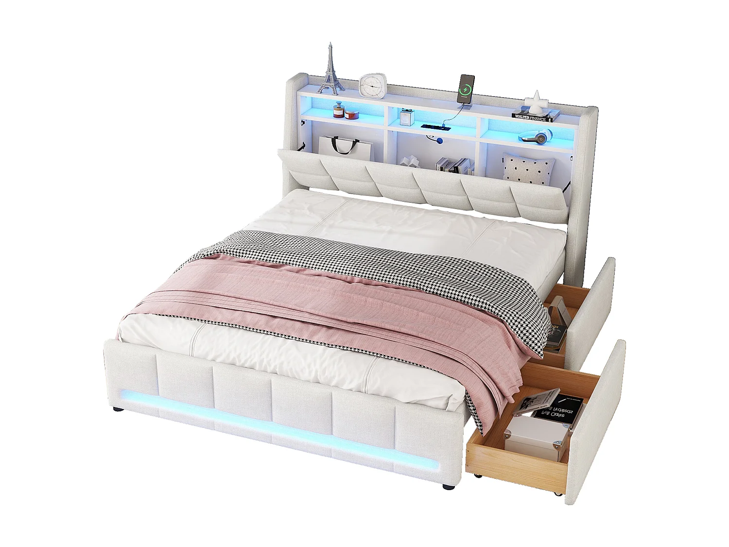 Lit rembourré 140x200 cm avec éclairage LED contrôlé par télécommande APP, tiroirs, prises électriques et USB intégrées, rangement, tissu lin beige