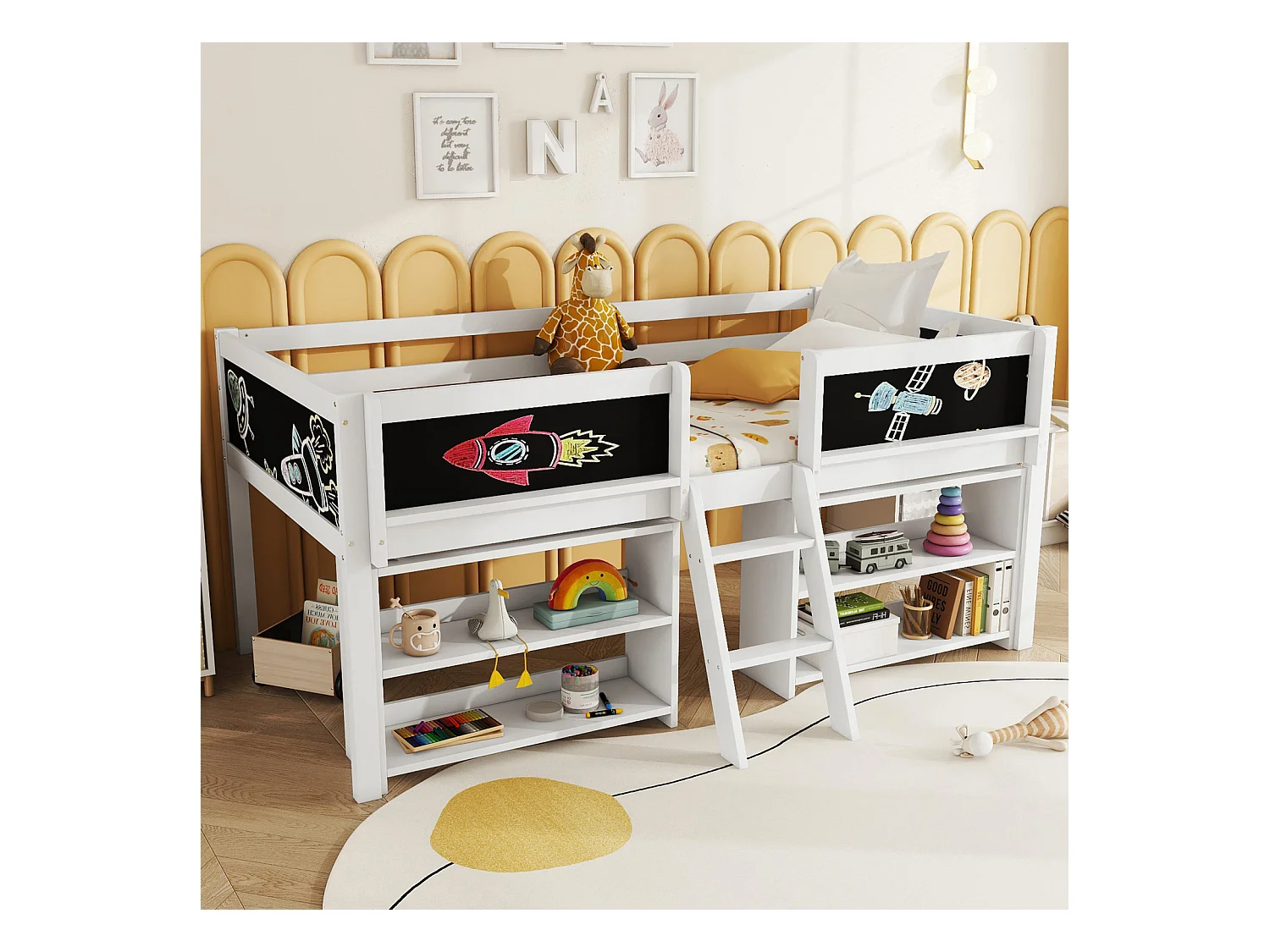 Lit mi-haut 90x200 cm, plusieurs étagères intégrées, barrière de sécurité, échelle, pin, sans matelas, style minimaliste, blanc