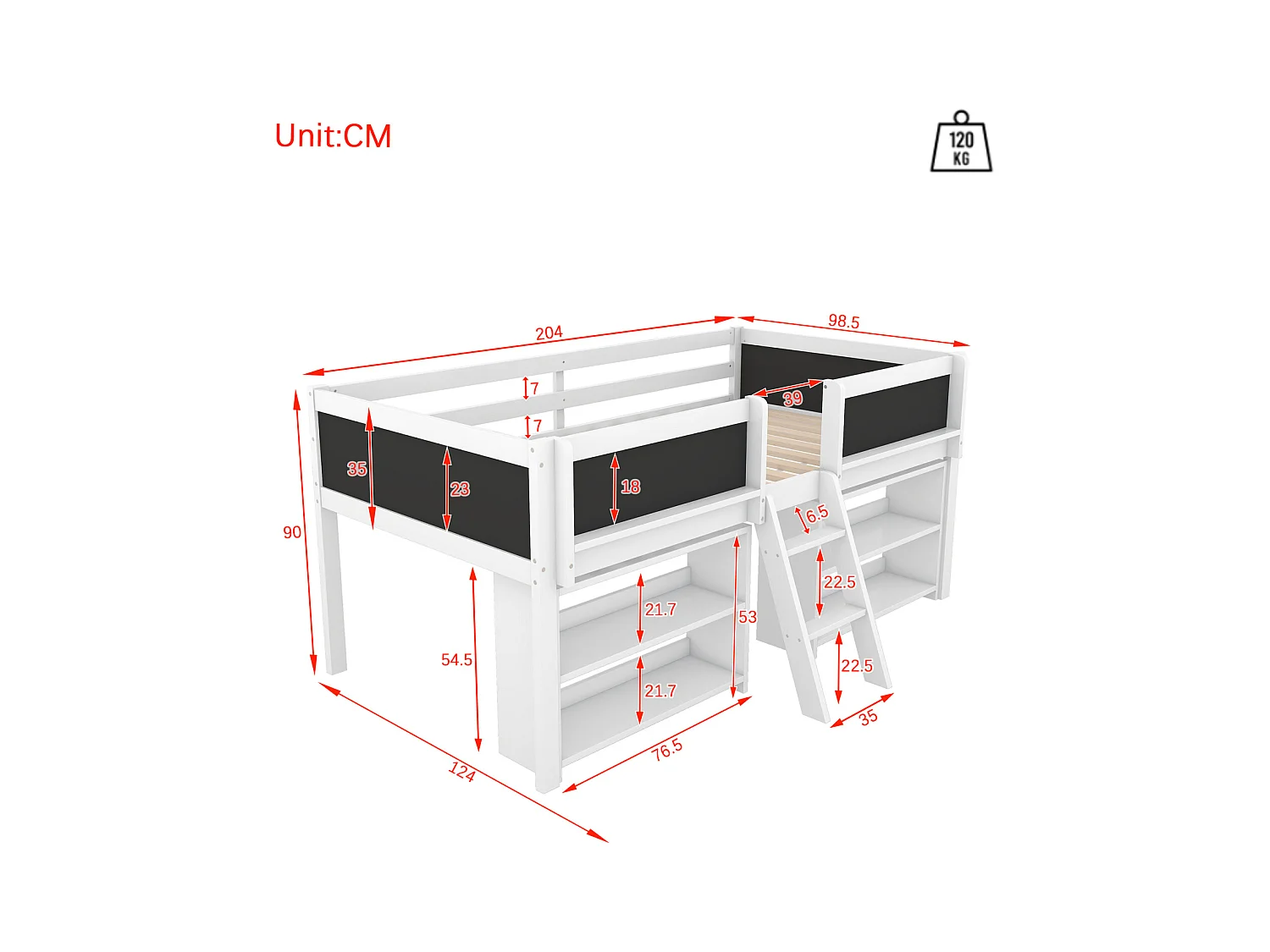 Lit mi-haut 90x200 cm, plusieurs étagères intégrées, barrière de sécurité, échelle, pin, sans matelas, style minimaliste, blanc