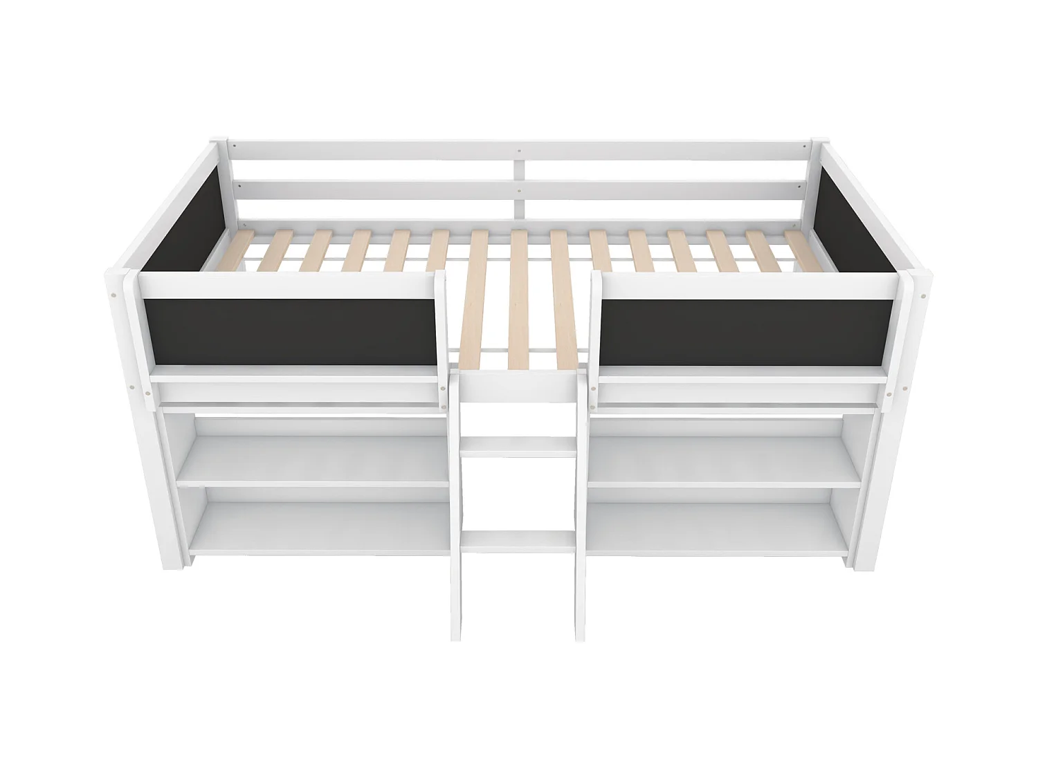 Lit mi-haut 90x200 cm, plusieurs étagères intégrées, barrière de sécurité, échelle, pin, sans matelas, style minimaliste, blanc