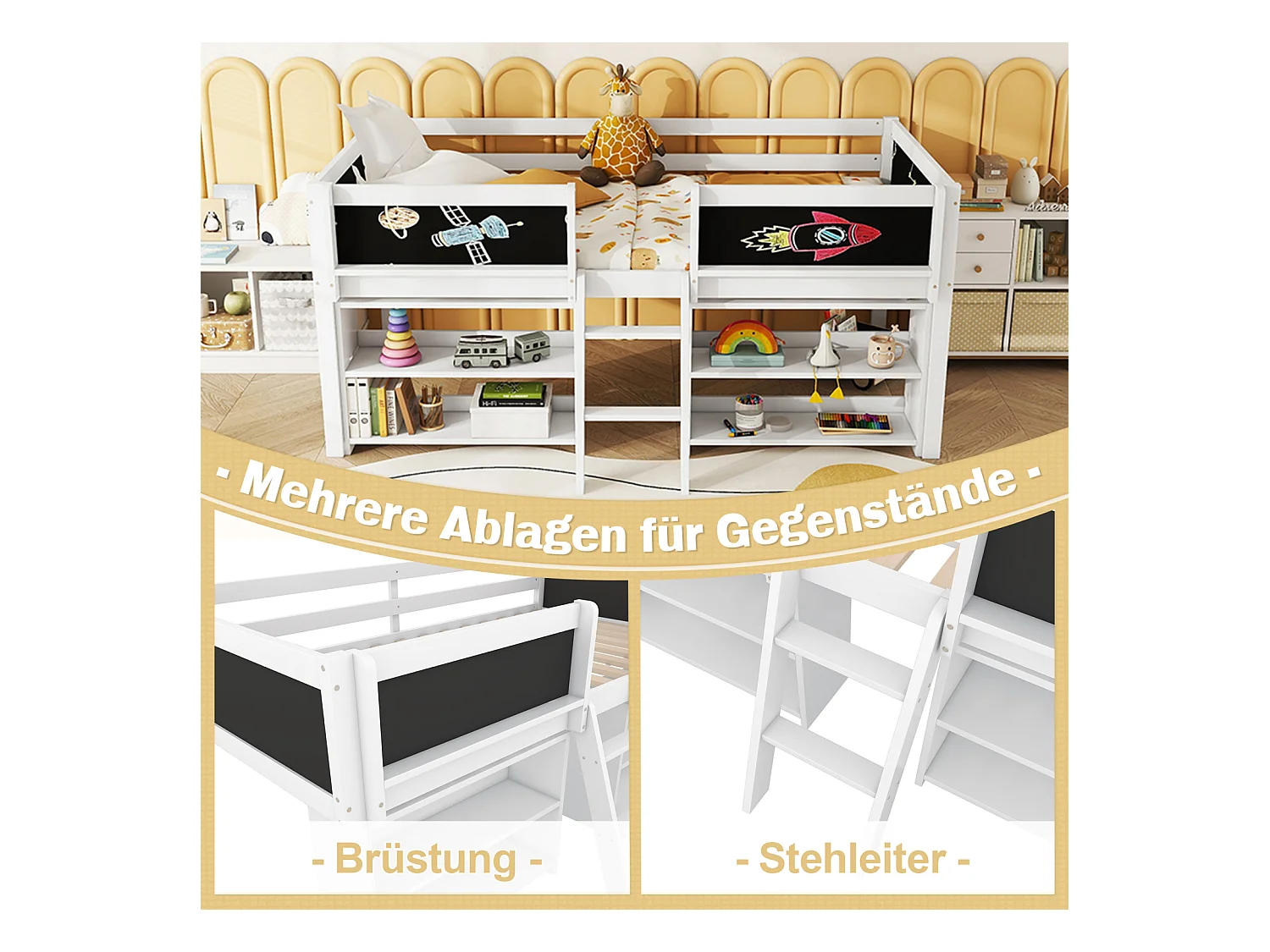 Lit mi-haut 90x200 cm, plusieurs étagères intégrées, barrière de sécurité, échelle, pin, sans matelas, style minimaliste, blanc