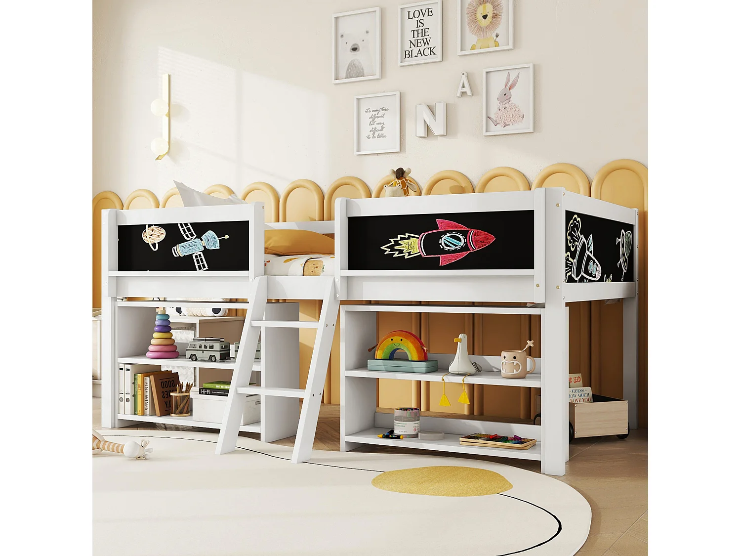 Letto semi-elevato 90x200 cm, diversi ripiani integrati, sponda di sicurezza, scaletta, pino, senza materasso, stile minimalista, bianco