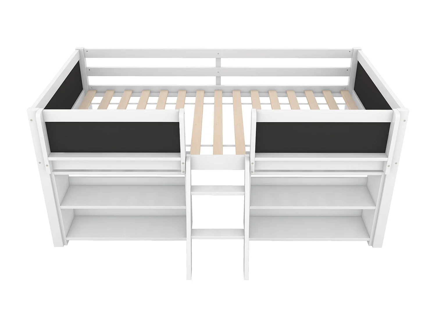 Letto semi-elevato 90x200 cm, diversi ripiani integrati, sponda di sicurezza, scaletta, pino, senza materasso, stile minimalista, bianco