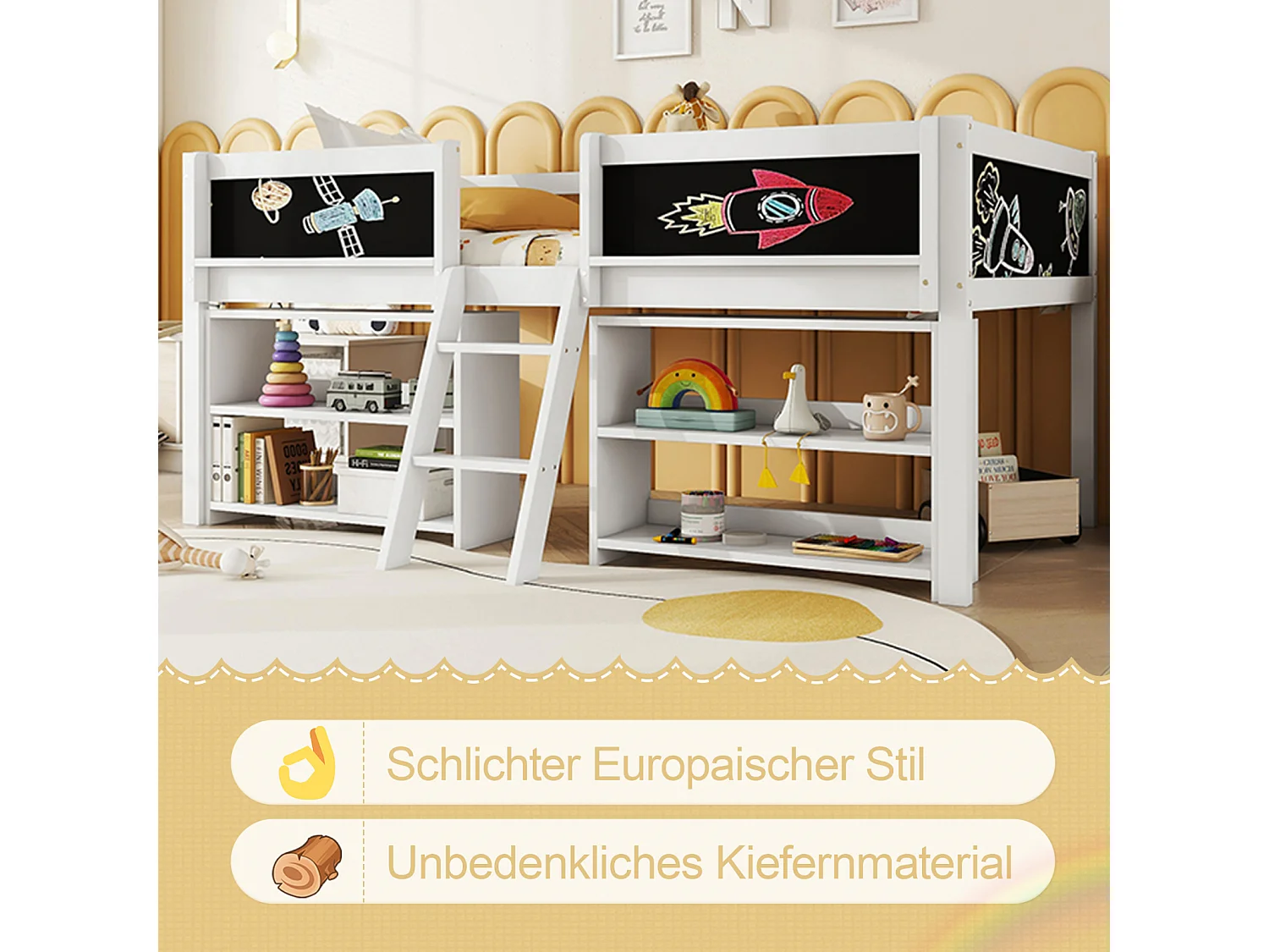 Letto semi-elevato 90x200 cm, diversi ripiani integrati, sponda di sicurezza, scaletta, pino, senza materasso, stile minimalista, bianco